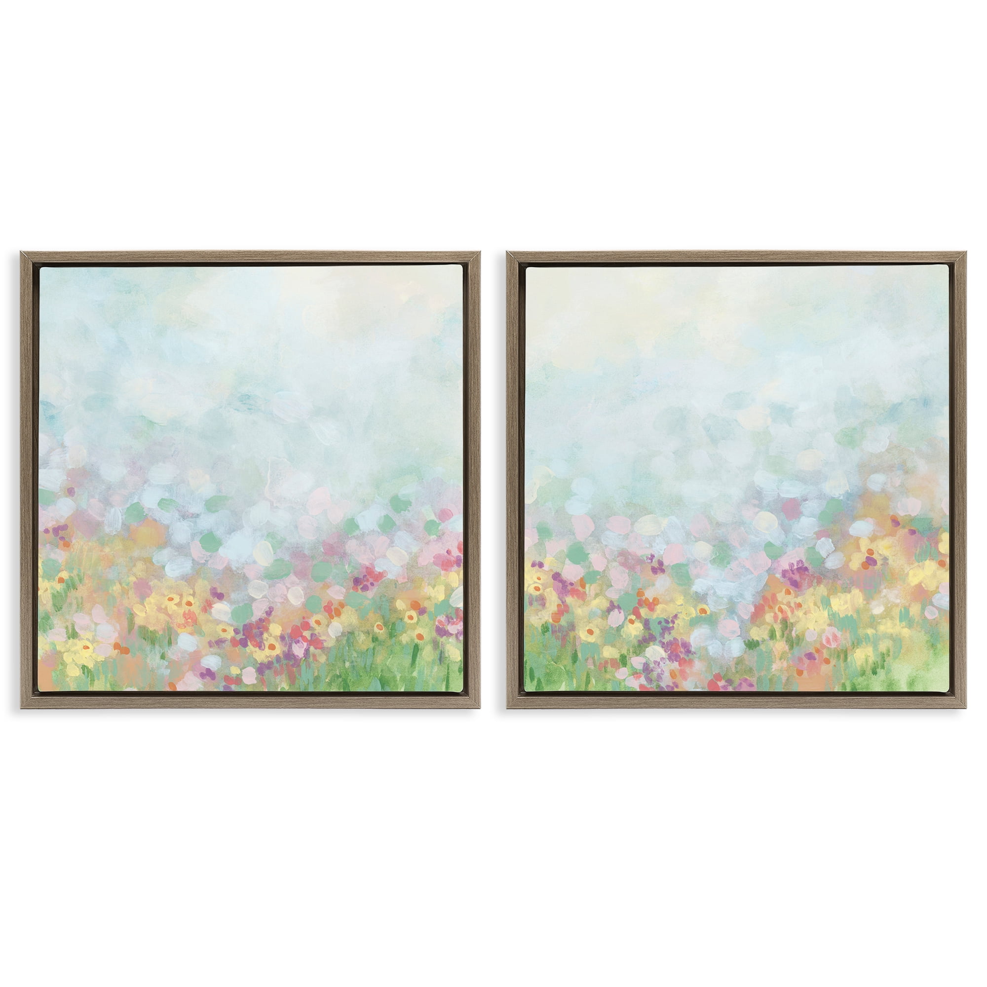 Stupell Industries Pastel Spring Flower Field Abstract Painting Brown Floater Framed Canvas Art Print Wall Art, 25 x 25, Set of 2