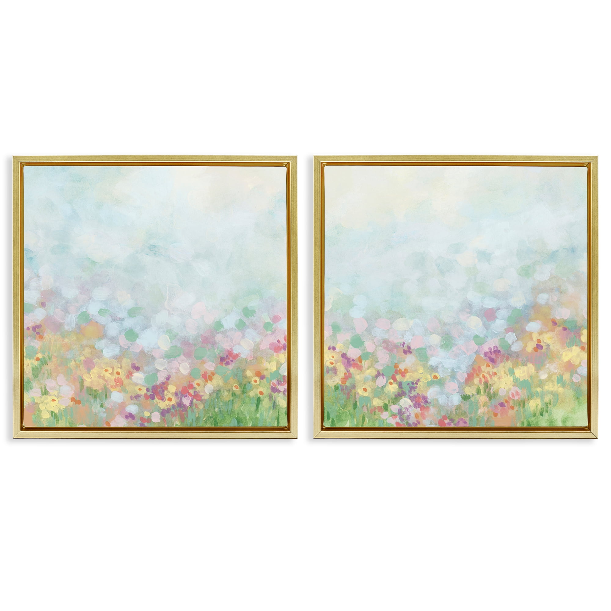 Stupell Industries Pastel Spring Flower Field Abstract Painting Gold Floater Framed Canvas Art Print Wall Art, 18 x 18, Set of 2