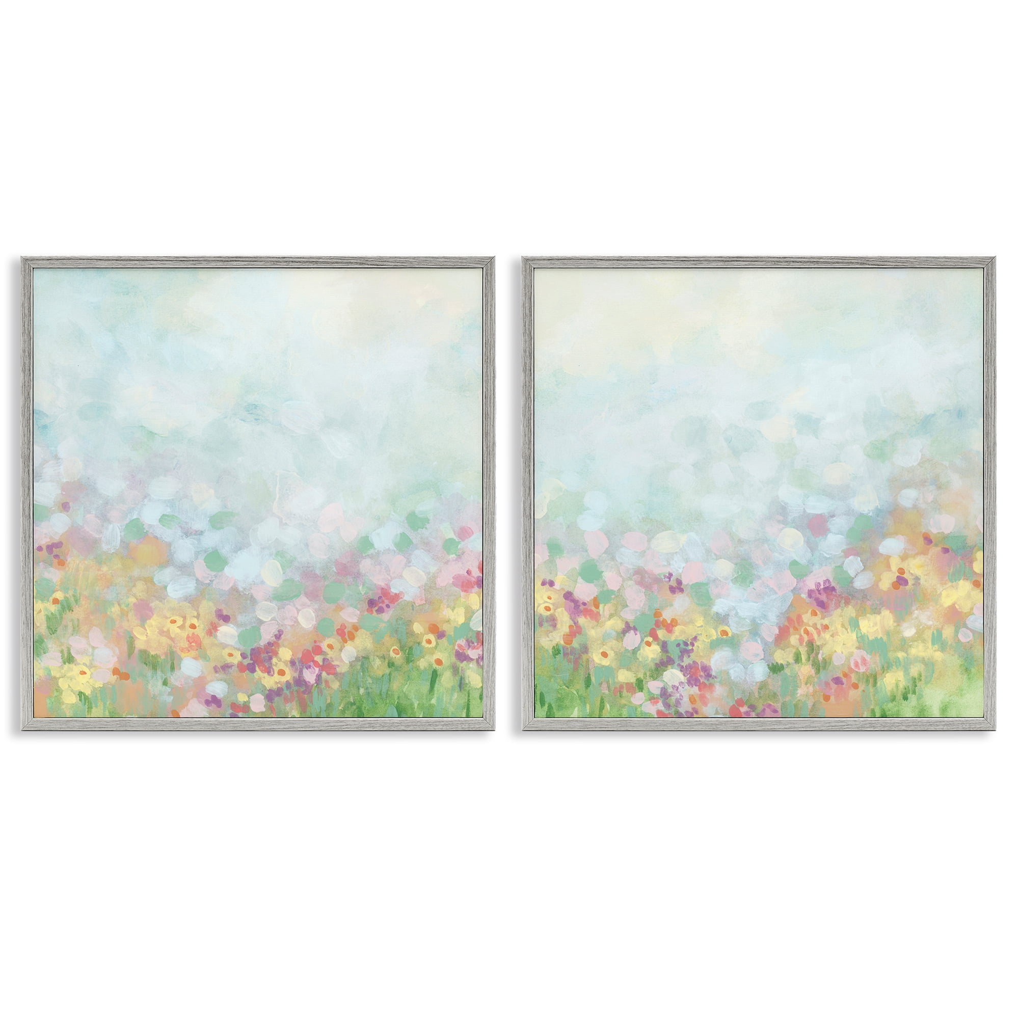 Stupell Industries Pastel Spring Flower Field Abstract Painting Gray Framed Art Print Wall Art, 12 x 12, Set of 2