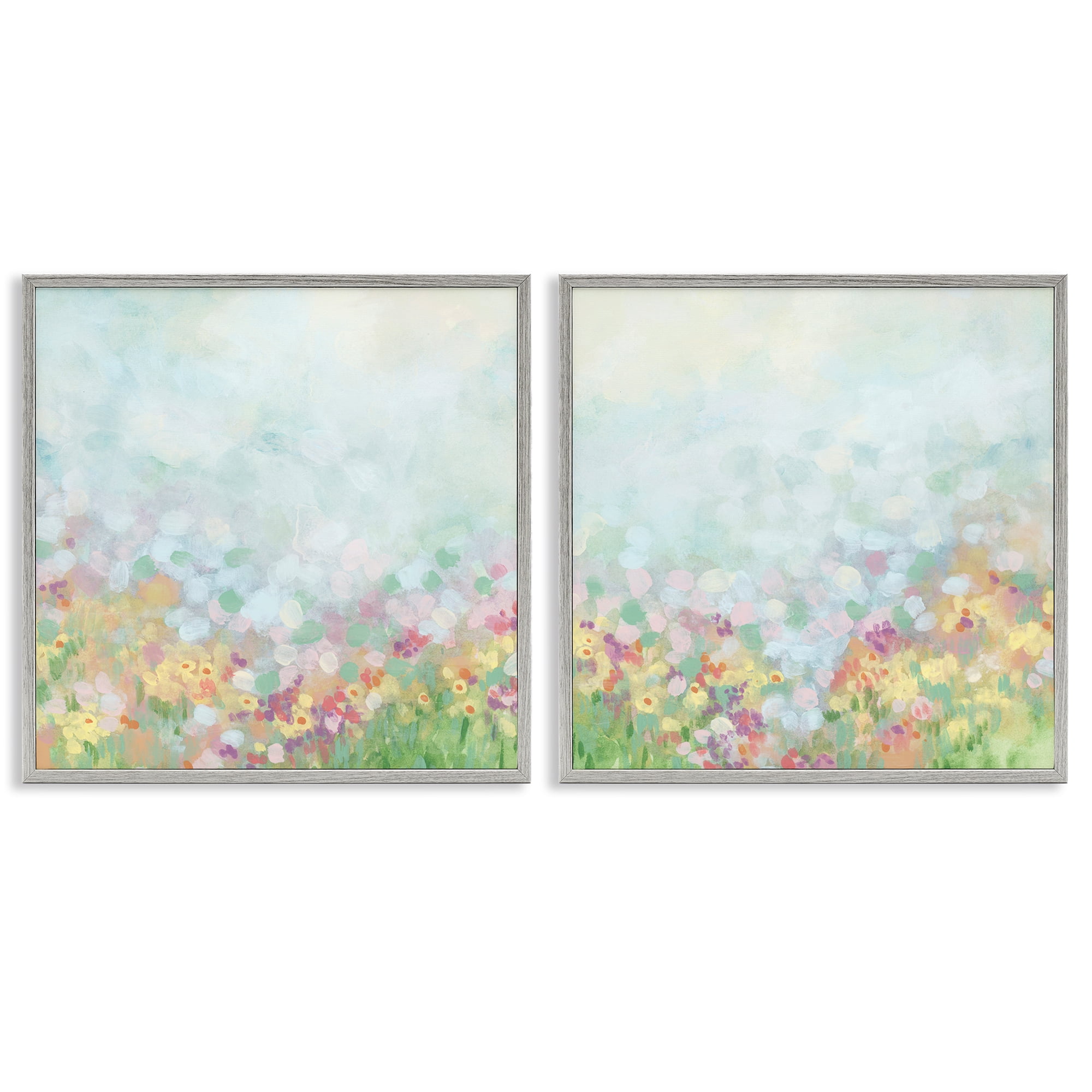 Stupell Industries Pastel Spring Flower Field Abstract Painting Gray Framed Art Print Wall Art, 24 x 24, Set of 2