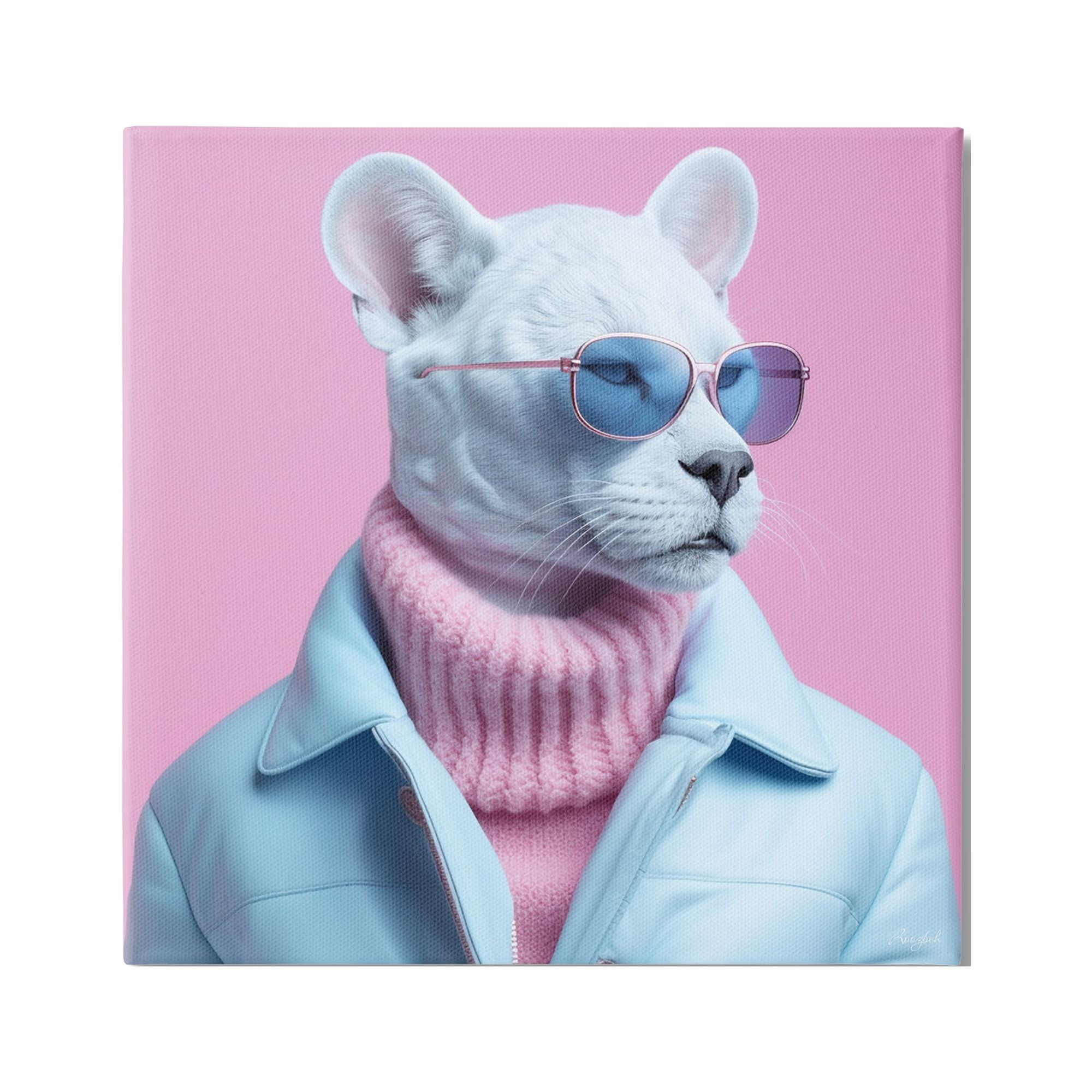Stylish White Panther in Blue Jacket and Pink Sweater Canvas Art