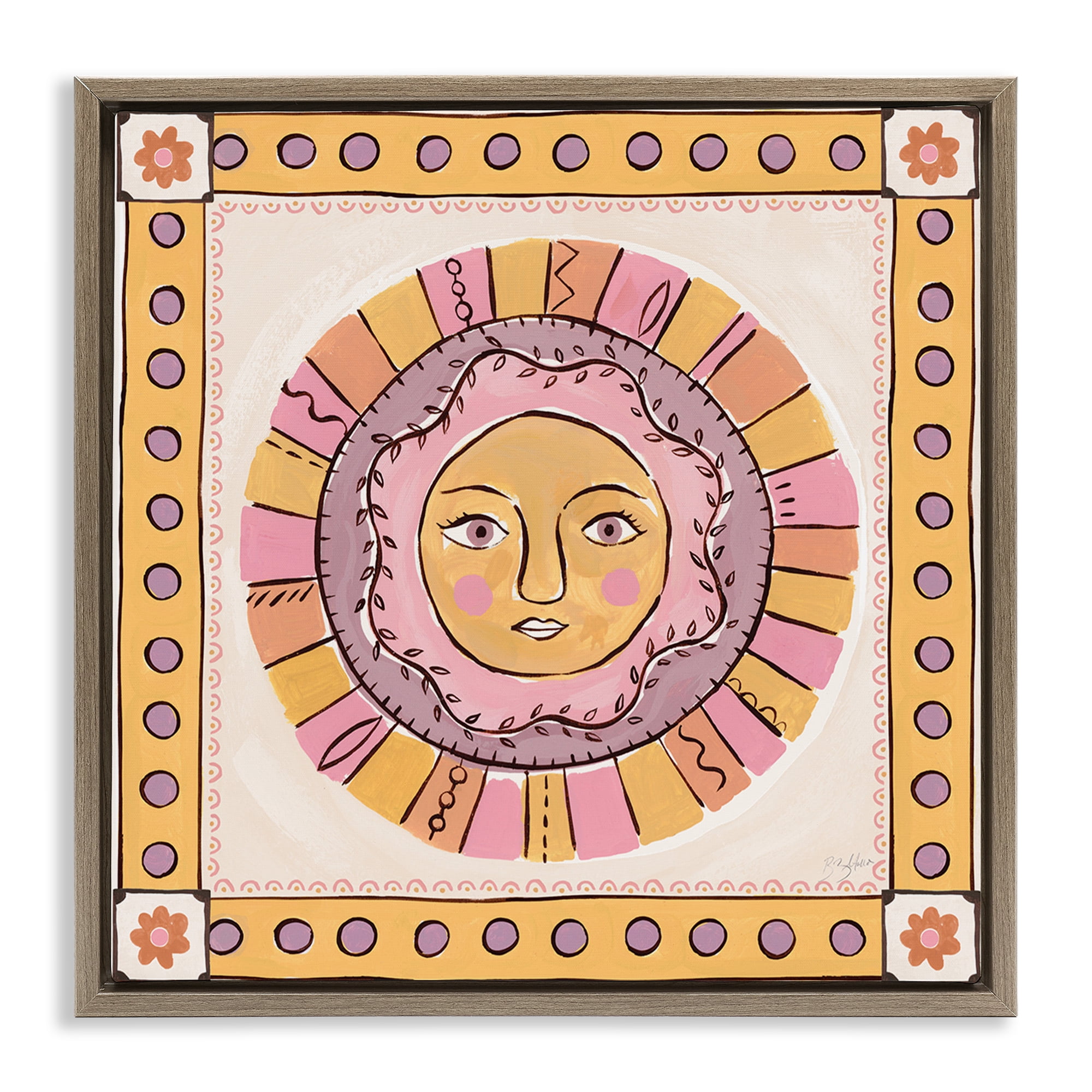 Stupell Industries Pastel Sun Face with Border Brown Framed Floater Canvas Wall Art, design by Two If By Sea Studios