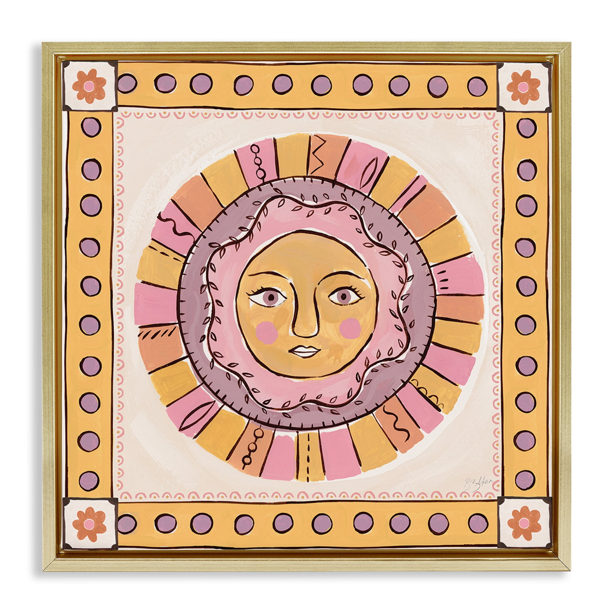 Stupell Industries Pastel Sun Face with Border Gold Framed Floater Canvas Wall Art, design by Two If By Sea Studios