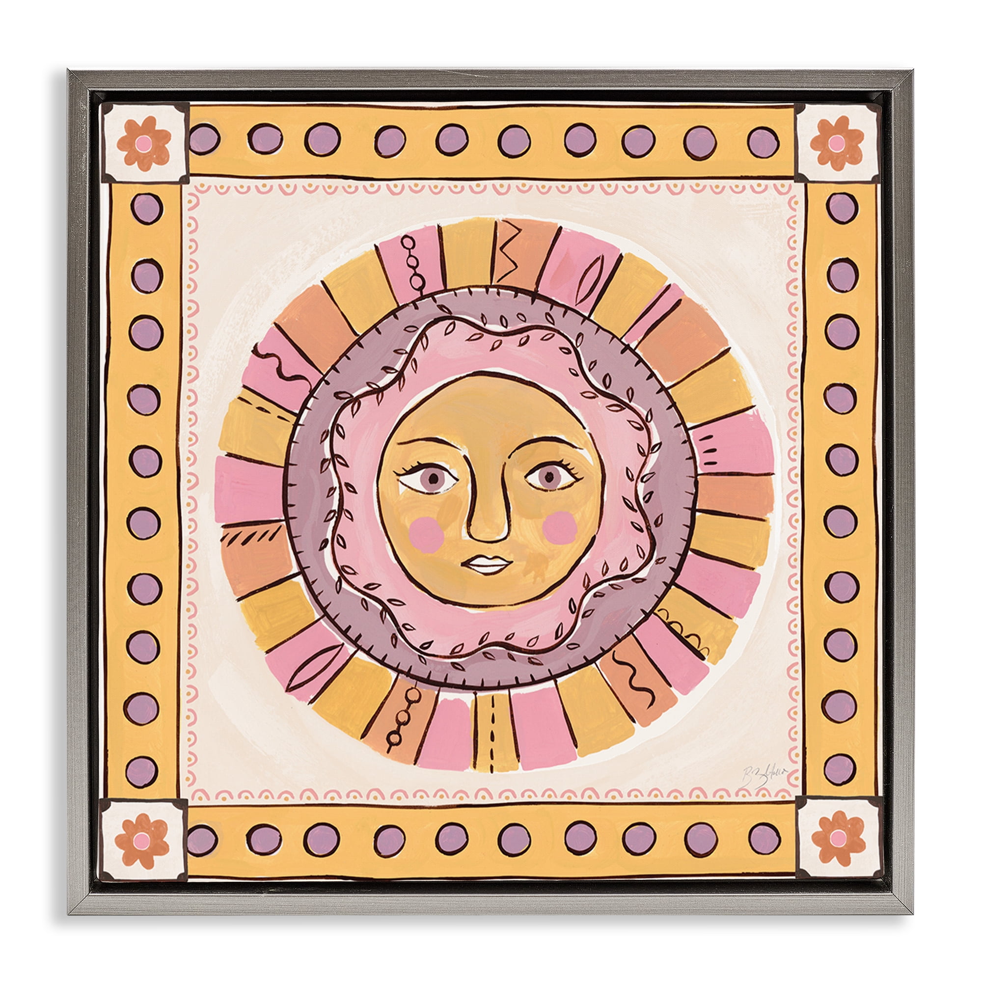 Stupell Industries Pastel Sun Face with Border Gray Framed Floater Canvas Wall Art, design by Two If By Sea Studios