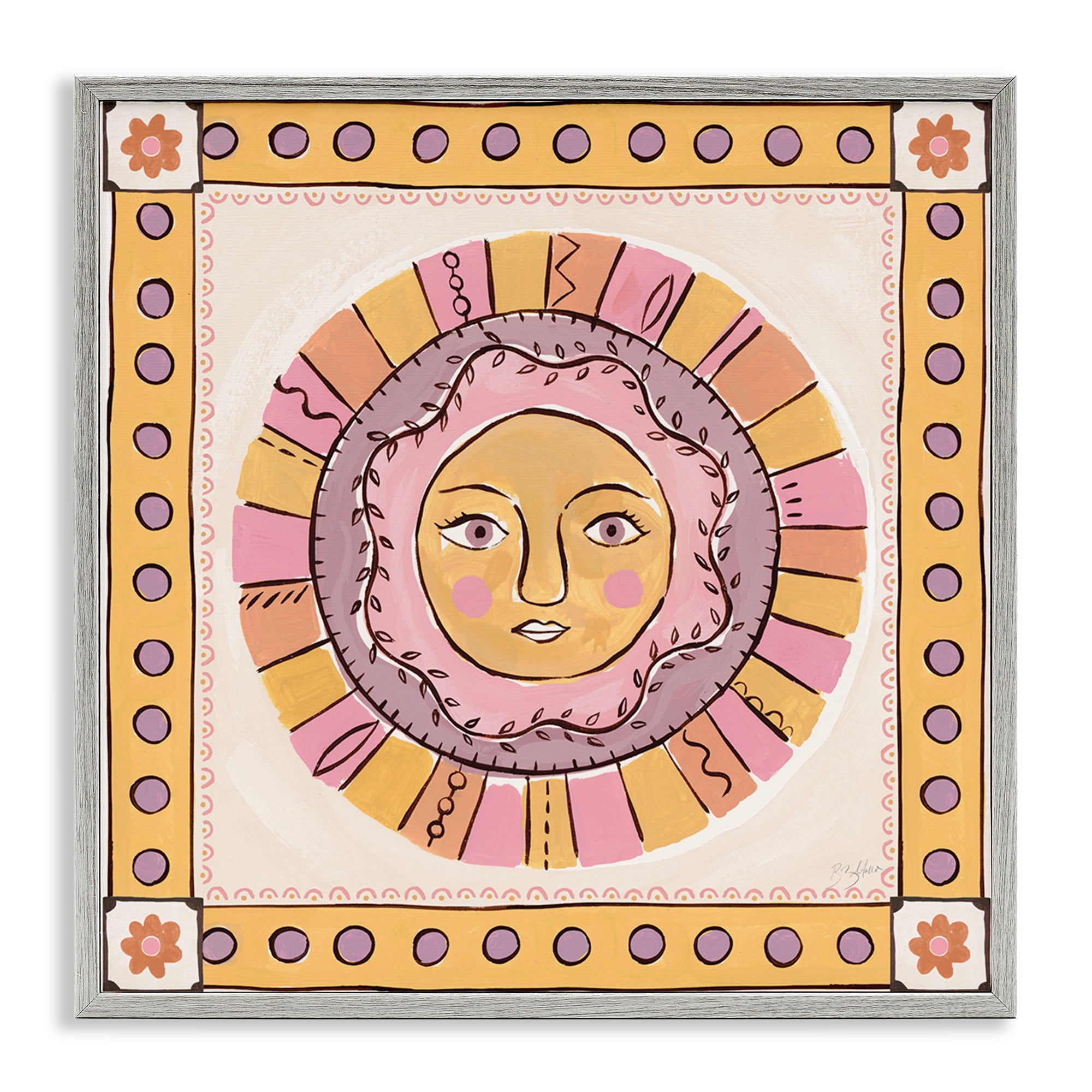 Stupell Industries Pastel Sun Face with Border Gray Framed Giclee Art, design by Two If By Sea Studios