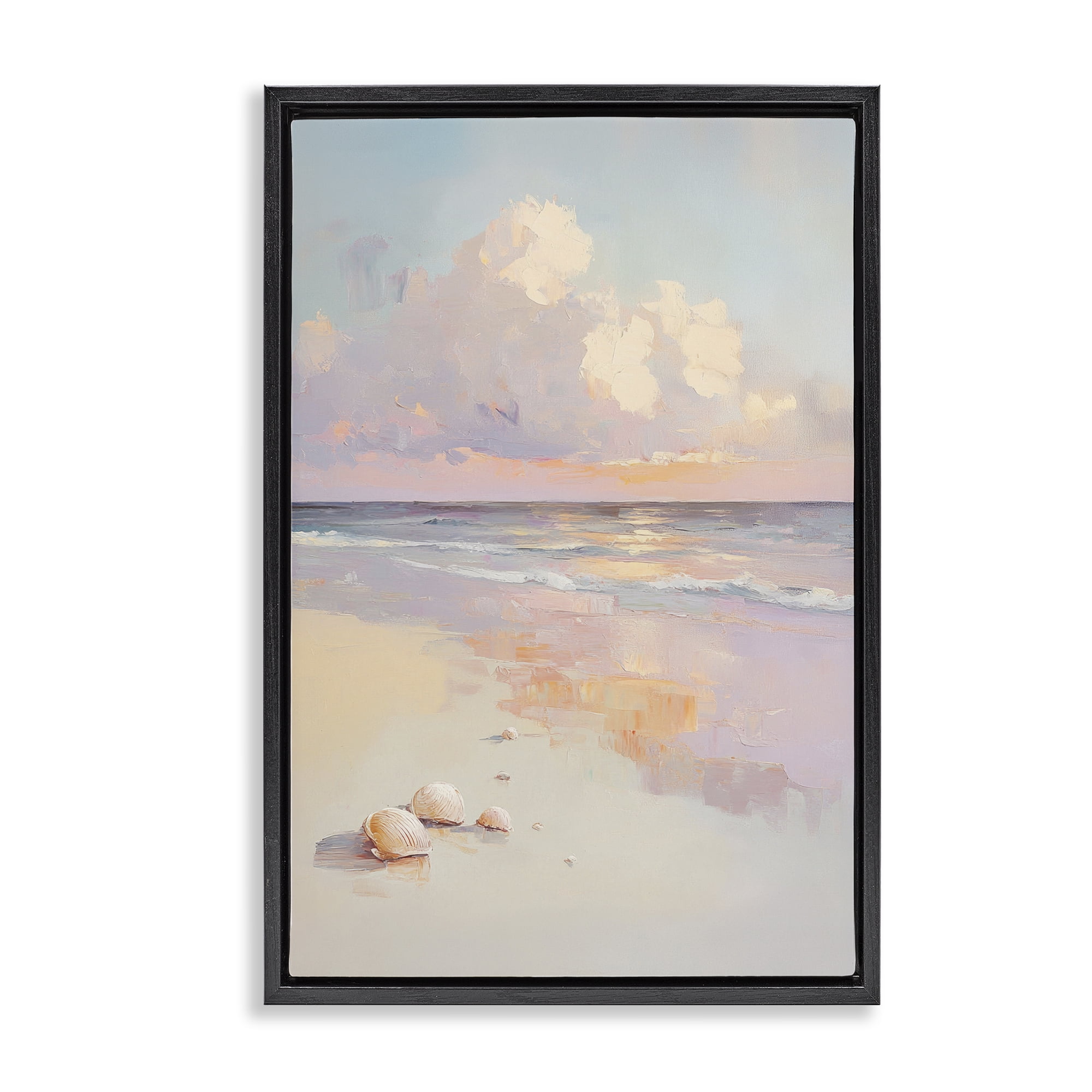 Stupell Industries Pastel Sunset Over Seashells Black Framed Floater Canvas Wall Art, design by Sisi and Seb