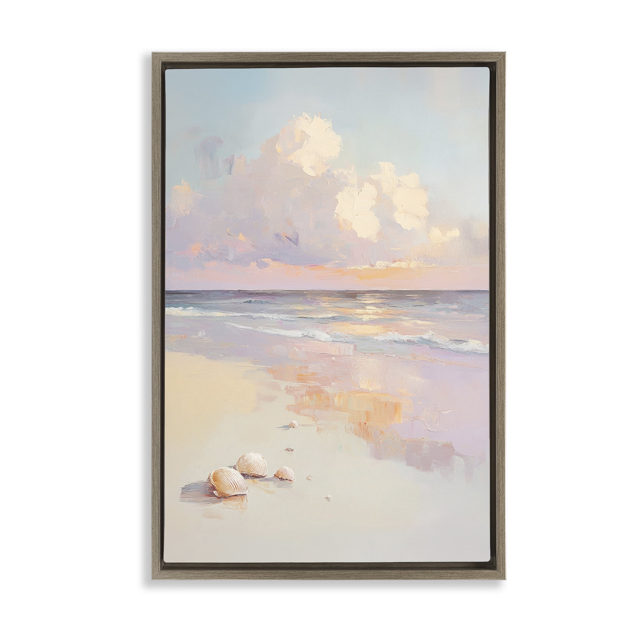 Stupell Industries Pastel Sunset Over Seashells Brown Framed Floater Canvas Wall Art, design by Sisi and Seb