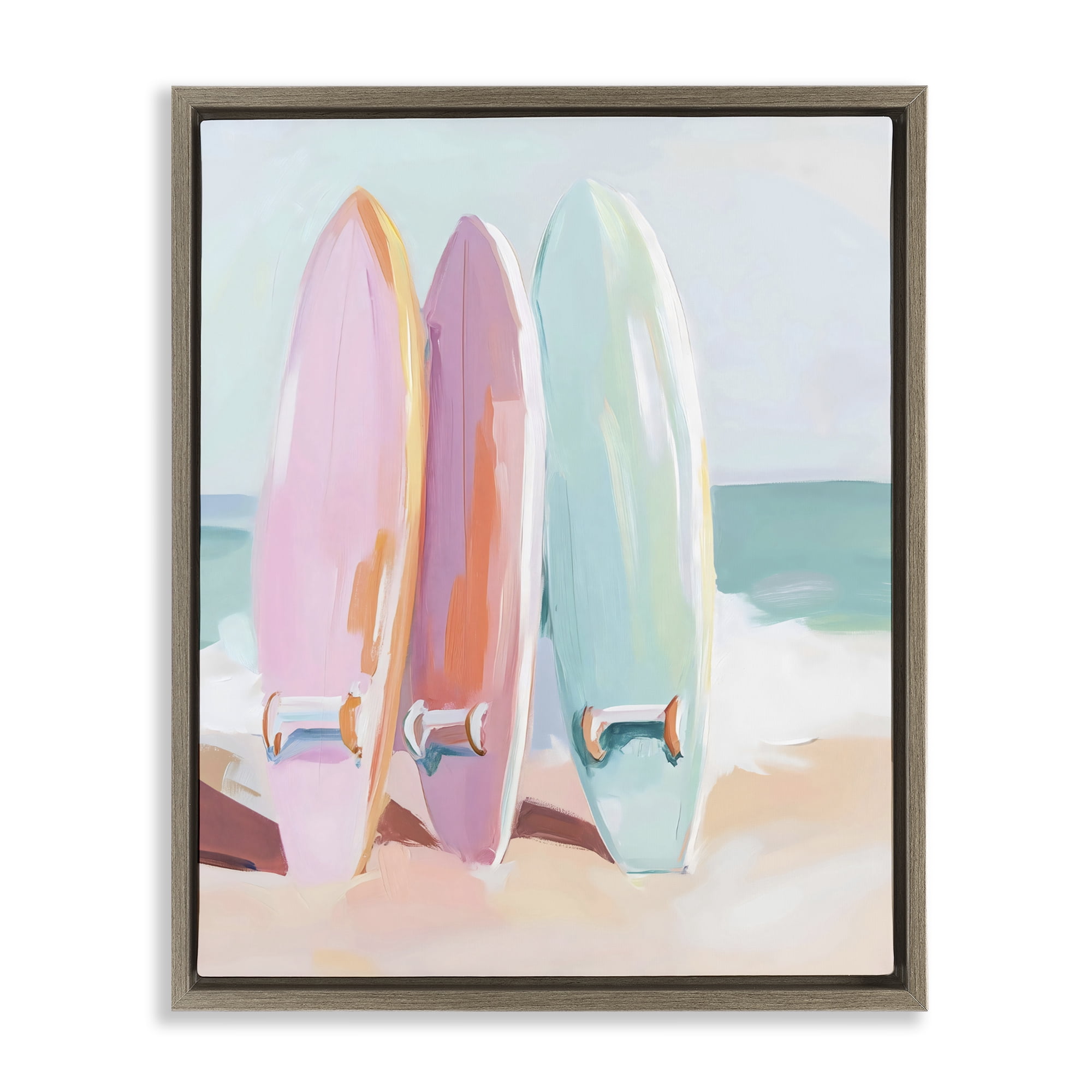 Stupell Industries Pastel Surfboards on Sandy Beach Brown Framed Floater Canvas Wall Art, design by The Prints Vibe