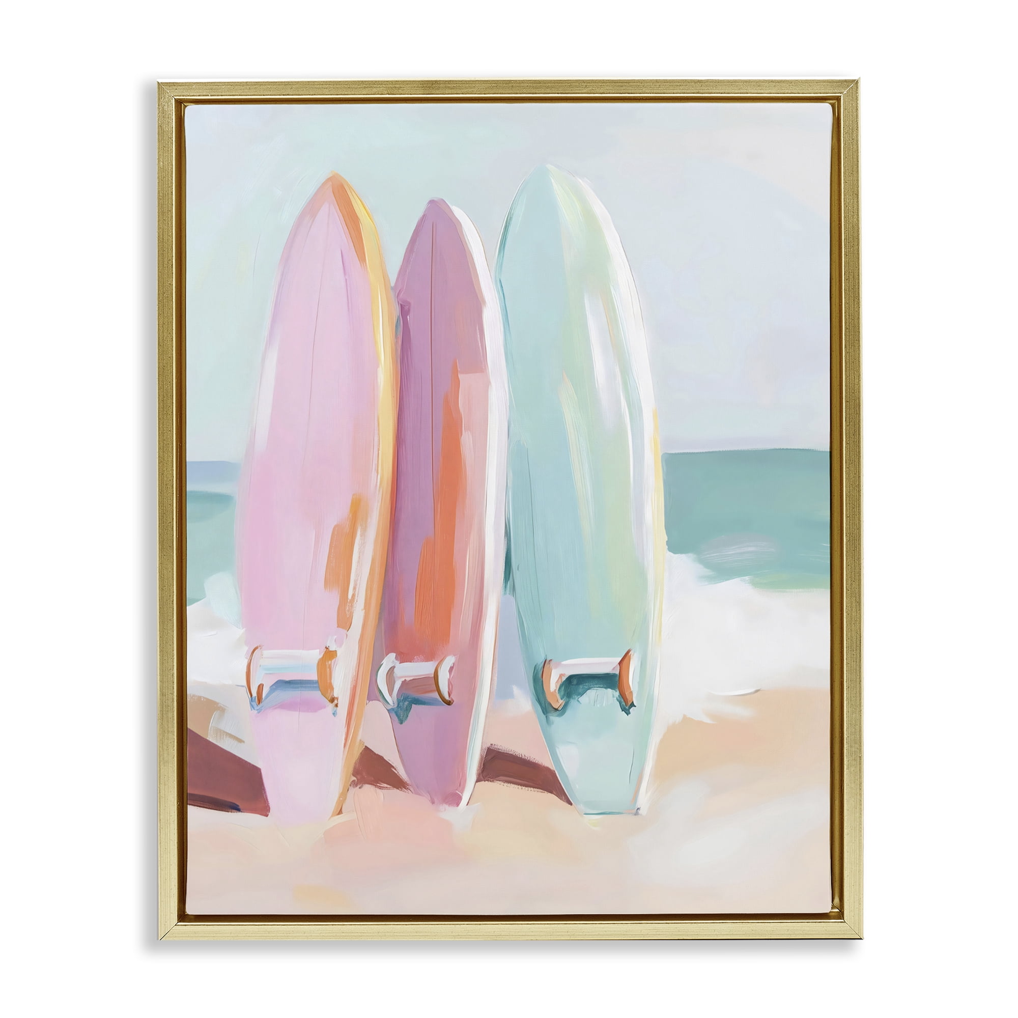 Stupell Industries Pastel Surfboards on Sandy Beach Gold Framed Floater Canvas Wall Art, design by The Prints Vibe