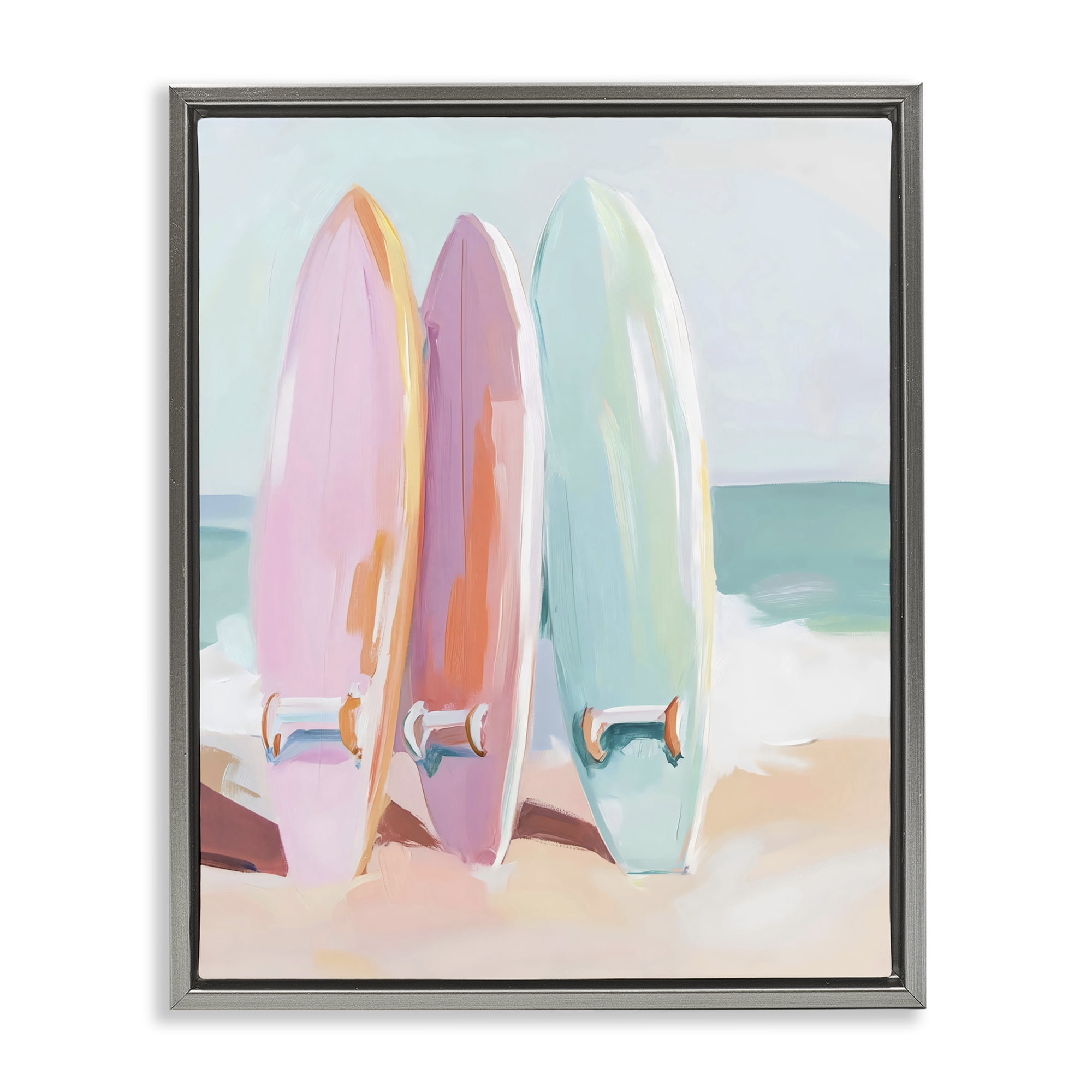 Stupell Industries Pastel Surfboards on Sandy Beach Gray Framed Floater Canvas Wall Art, design by The Prints Vibe