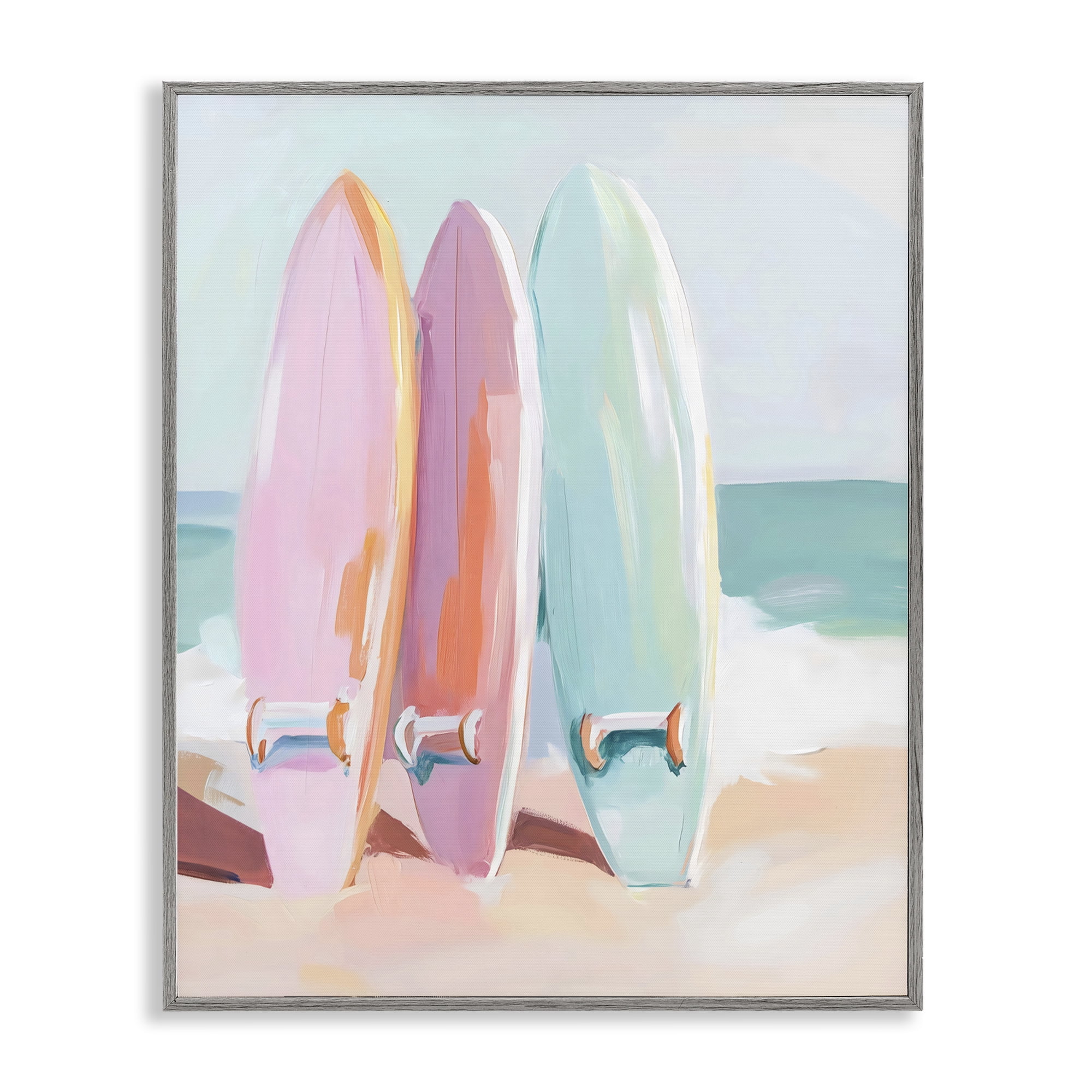 Stupell Industries Pastel Surfboards on Sandy Beach Gray Framed Giclee Art, design by The Prints Vibe