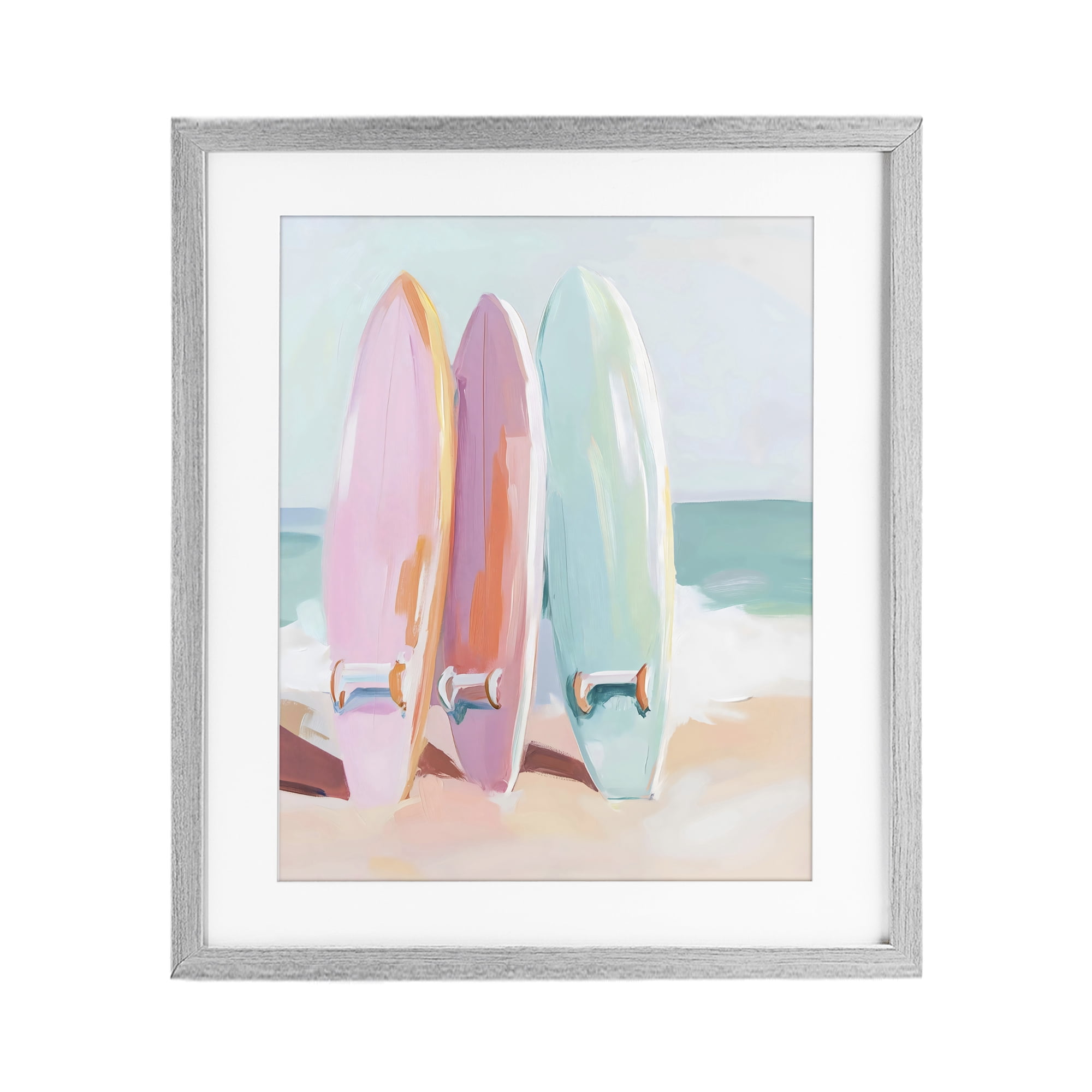 Stupell Industries Pastel Surfboards on Sandy Beach Gray Framed Print Under Glass, design by The Prints Vibe