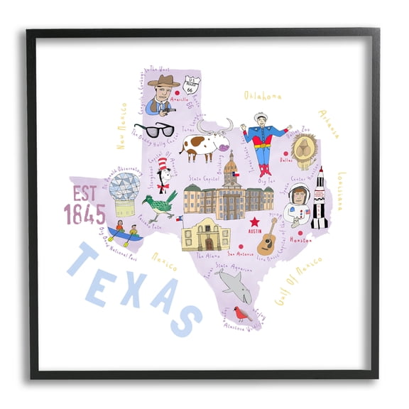 Stupell Industries Pastel Texas Landmarks Map Travel & Places Painting Black Framed Art Print Wall Art