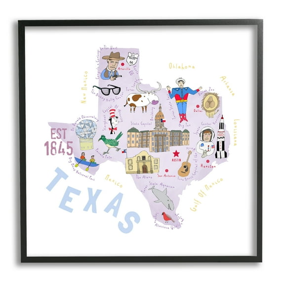 Stupell Industries Pastel Texas Landmarks Map Travel & Places Painting Black Framed Art Print Wall Art