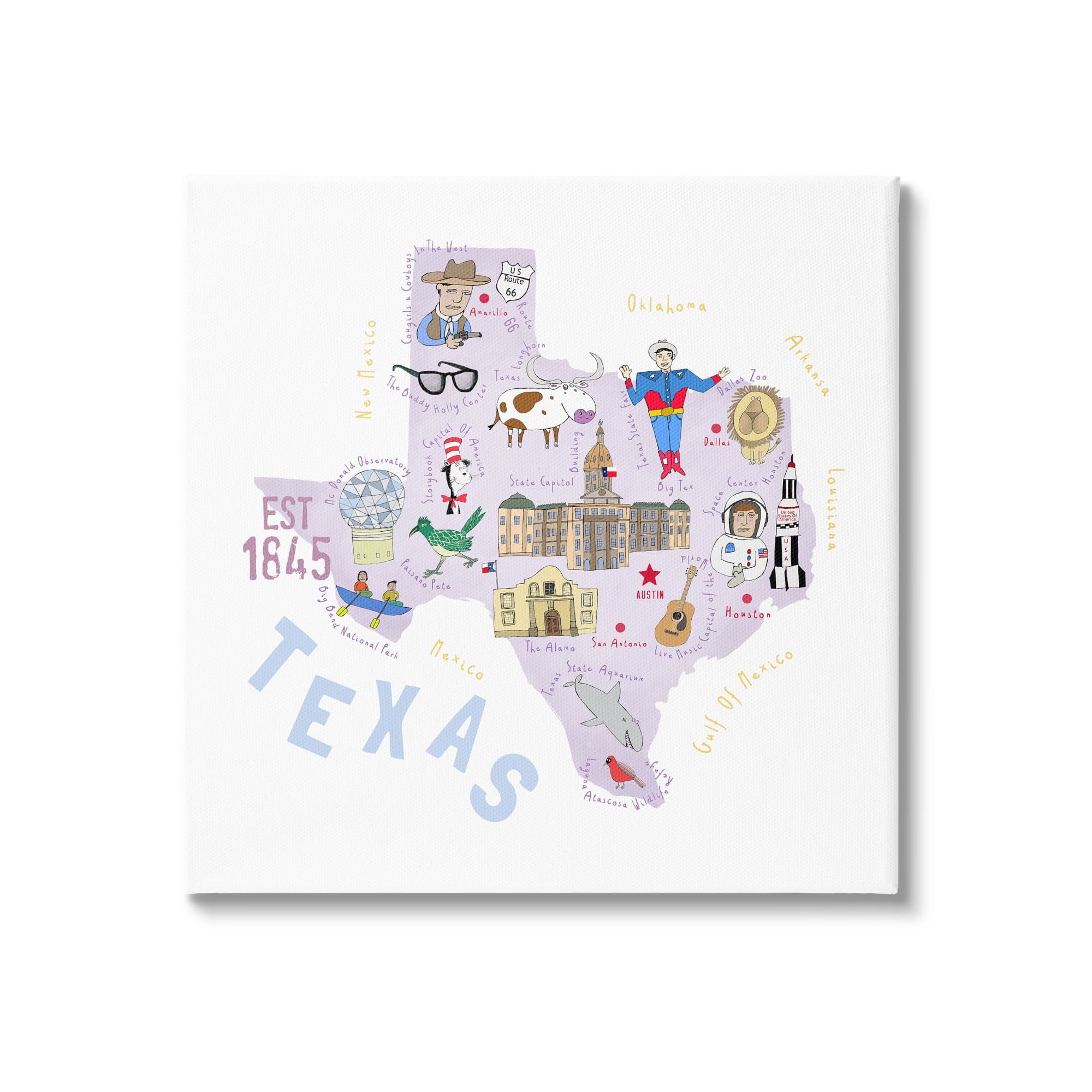 Stupell Industries Pastel Texas Landmarks Map Travel & Places Painting Gallery Wrapped Canvas Print Wall Art