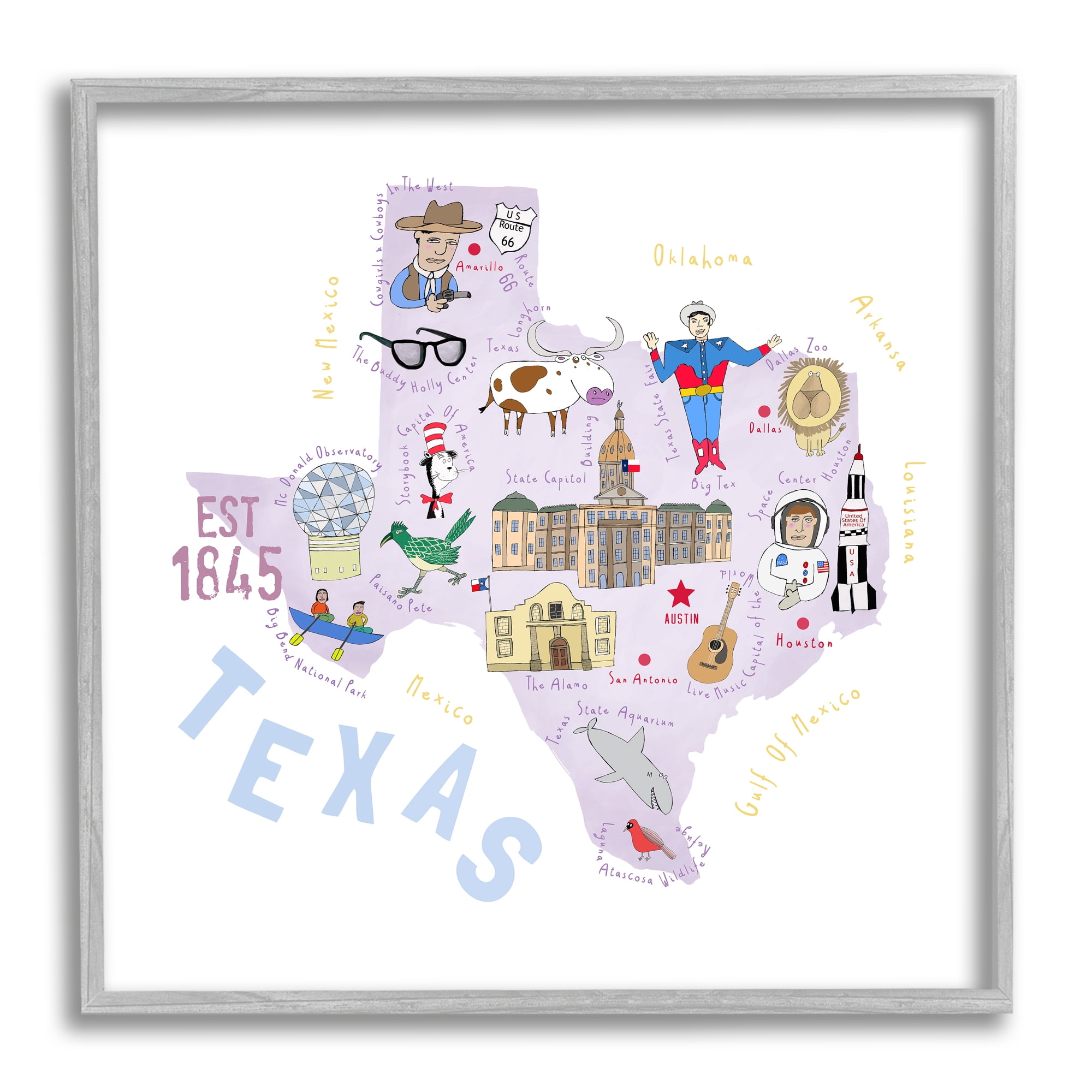 Stupell Industries Pastel Texas Landmarks Map Travel & Places Painting Gray Framed Art Print Wall Art