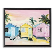Stupell Industries Pastel Tropical Beach Cabins Landscape & Nature Painting Black Floater Framed Canvas Art Print Wall Art, 21 x 17
