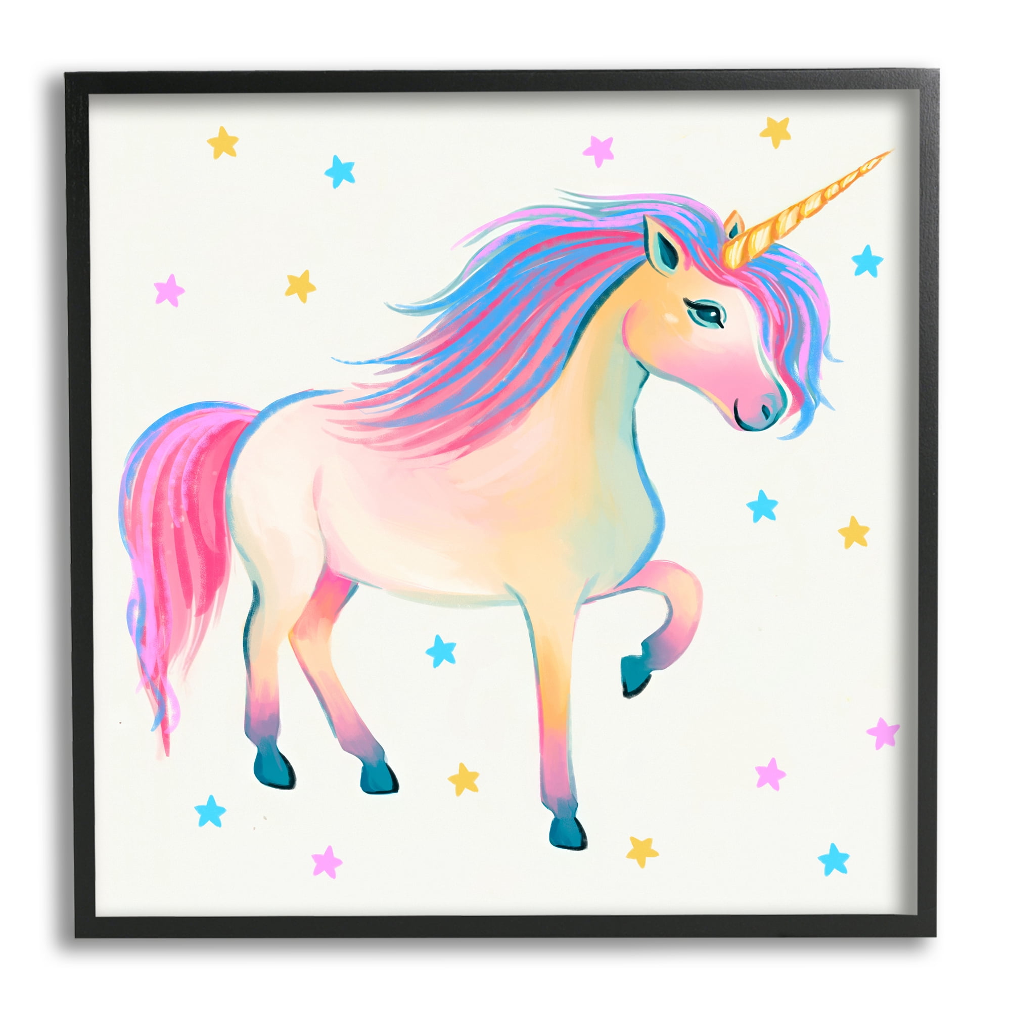 Stupell Industries Pastel Unicorn & Stars Fairy Tales & Fantasy Painting Black Framed Art Print Wall Art, 17 x 17