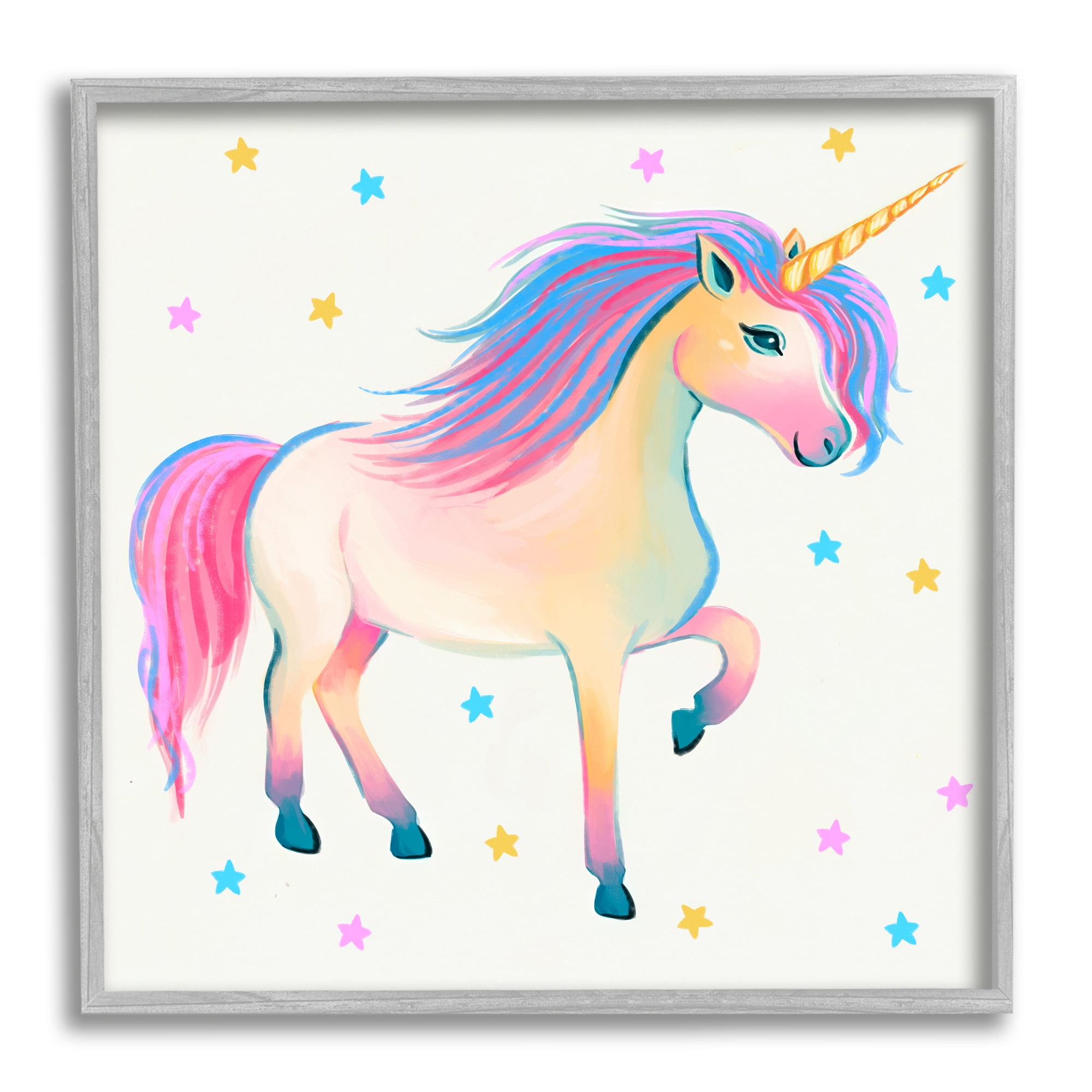 Stupell Industries Pastel Unicorn & Stars Fairy Tales & Fantasy Painting Gray Framed Art Print Wall Art, 24 x 24