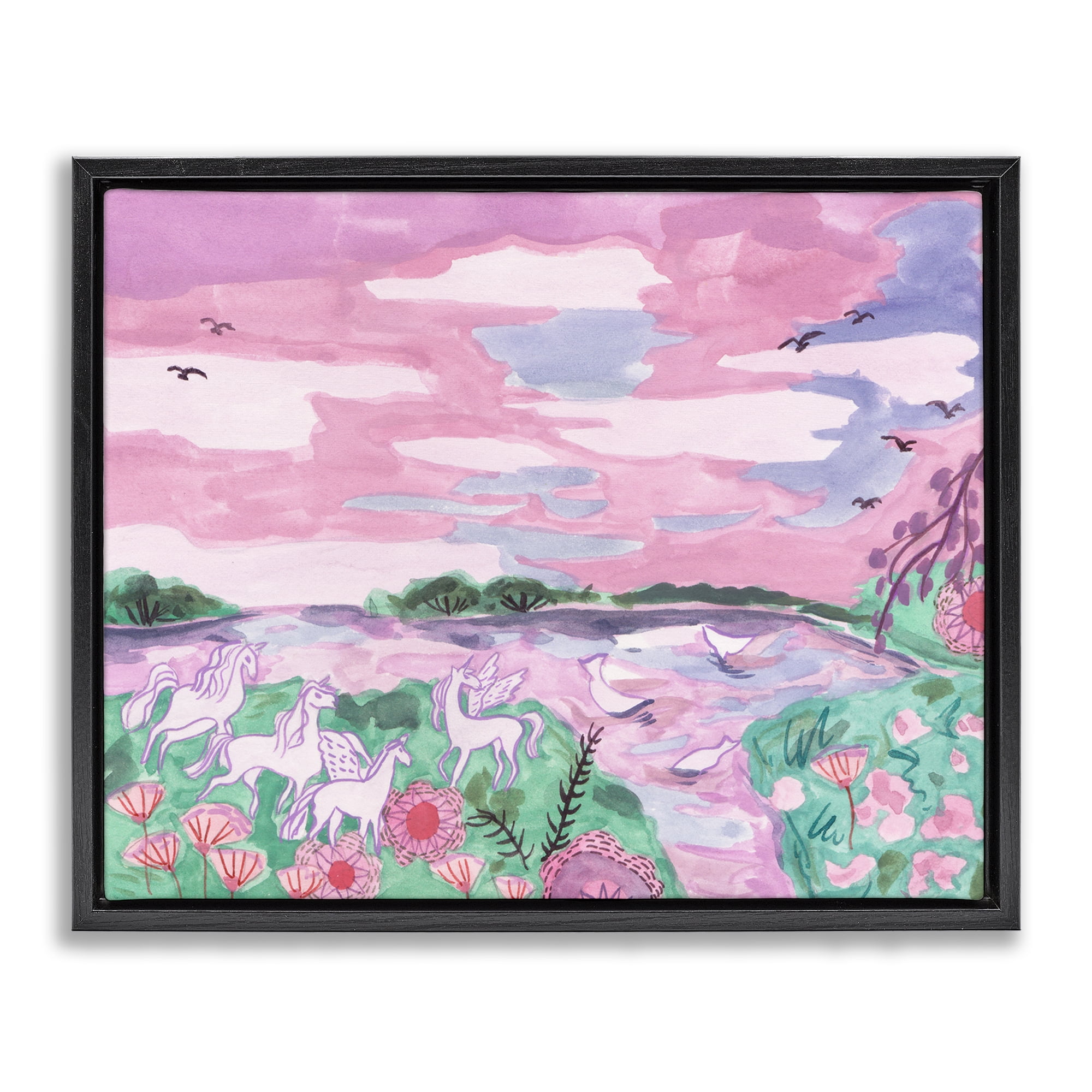 Stupell Industries Pastel Unicorns Landscape Fantasy & Sci-Fi Painting Black Floater Framed Canvas Art Print Wall Art, 31 x 25
