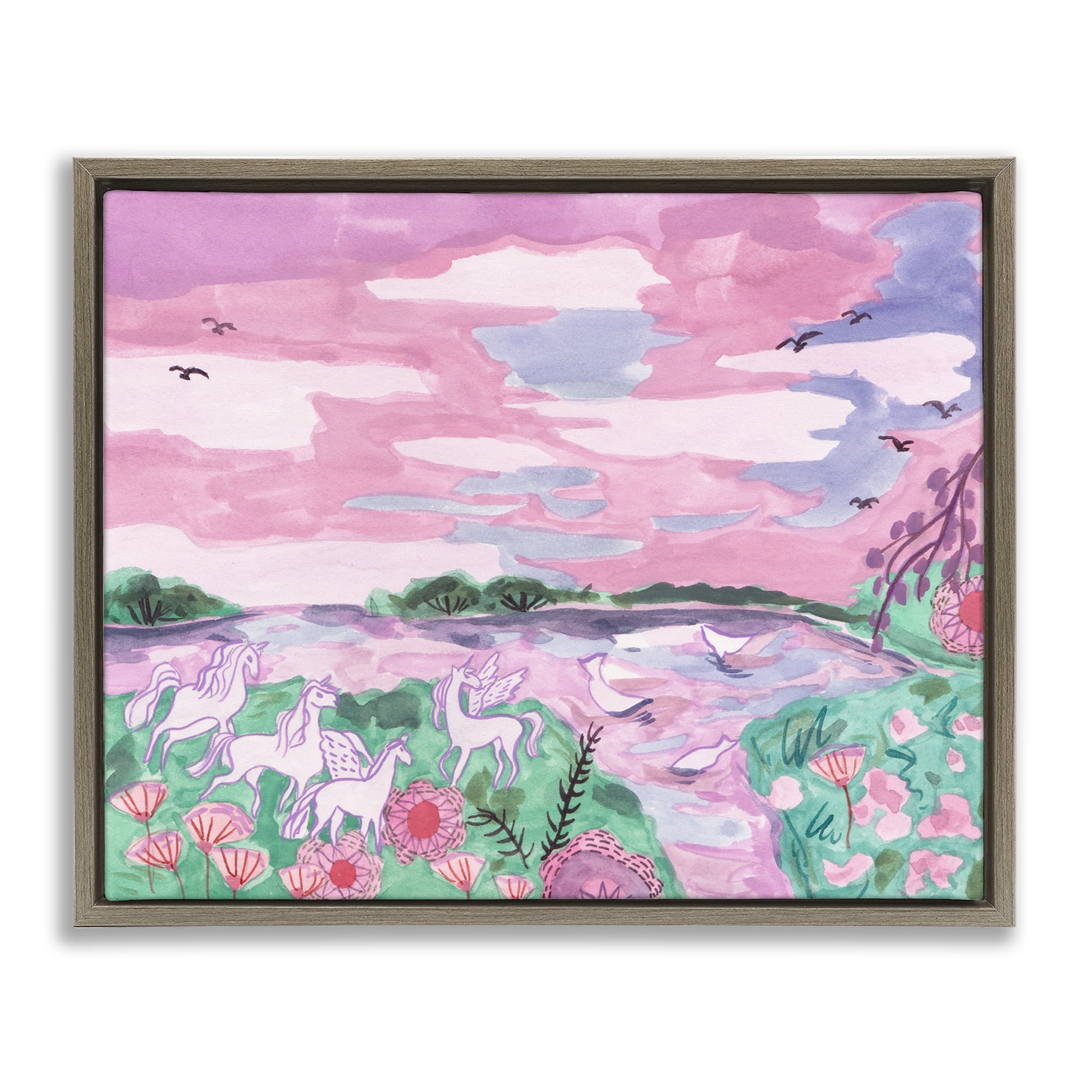 Stupell Industries Pastel Unicorns Landscape Fantasy & Sci-Fi Painting Brown Floater Framed Canvas Art Print Wall Art, 21 x 17