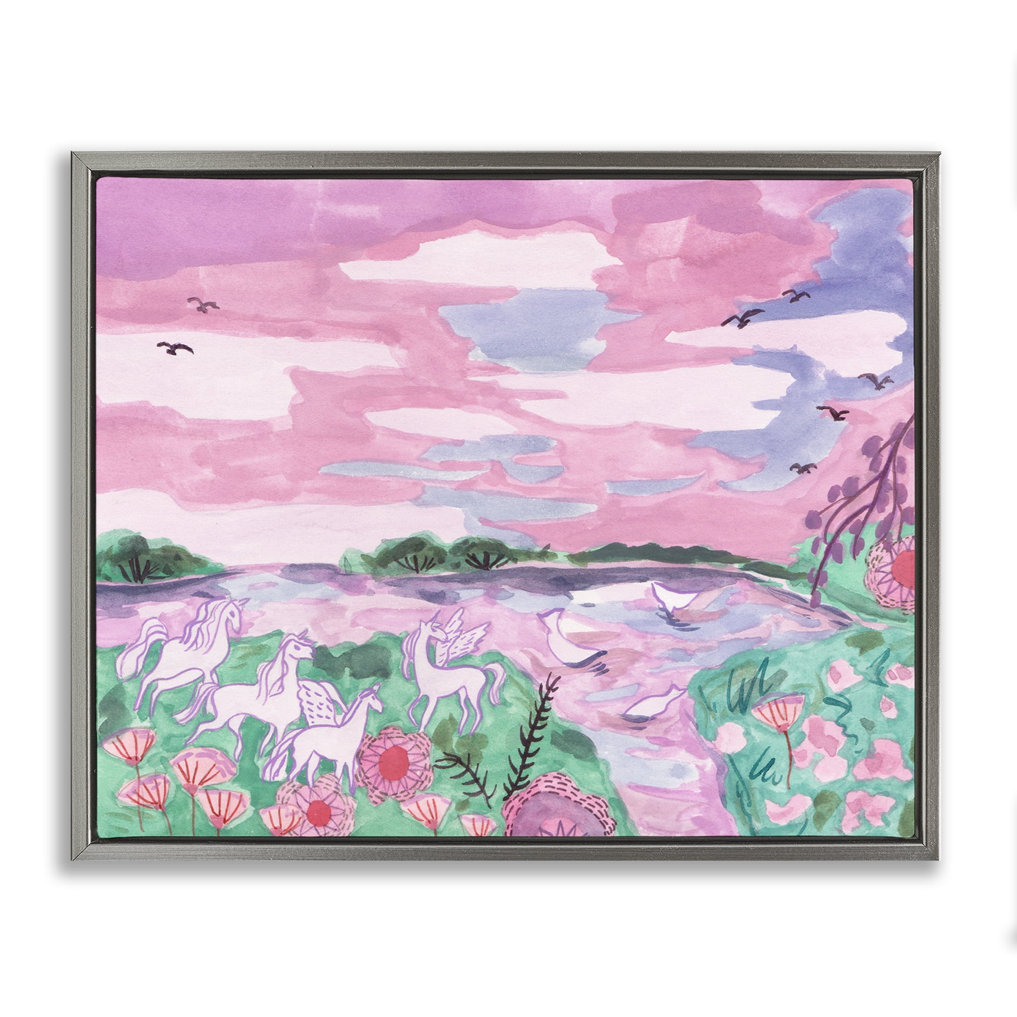 Stupell Industries Pastel Unicorns Landscape Fantasy & Sci-Fi Painting Gray Floater Framed Canvas Art Print Wall Art, 21 x 17