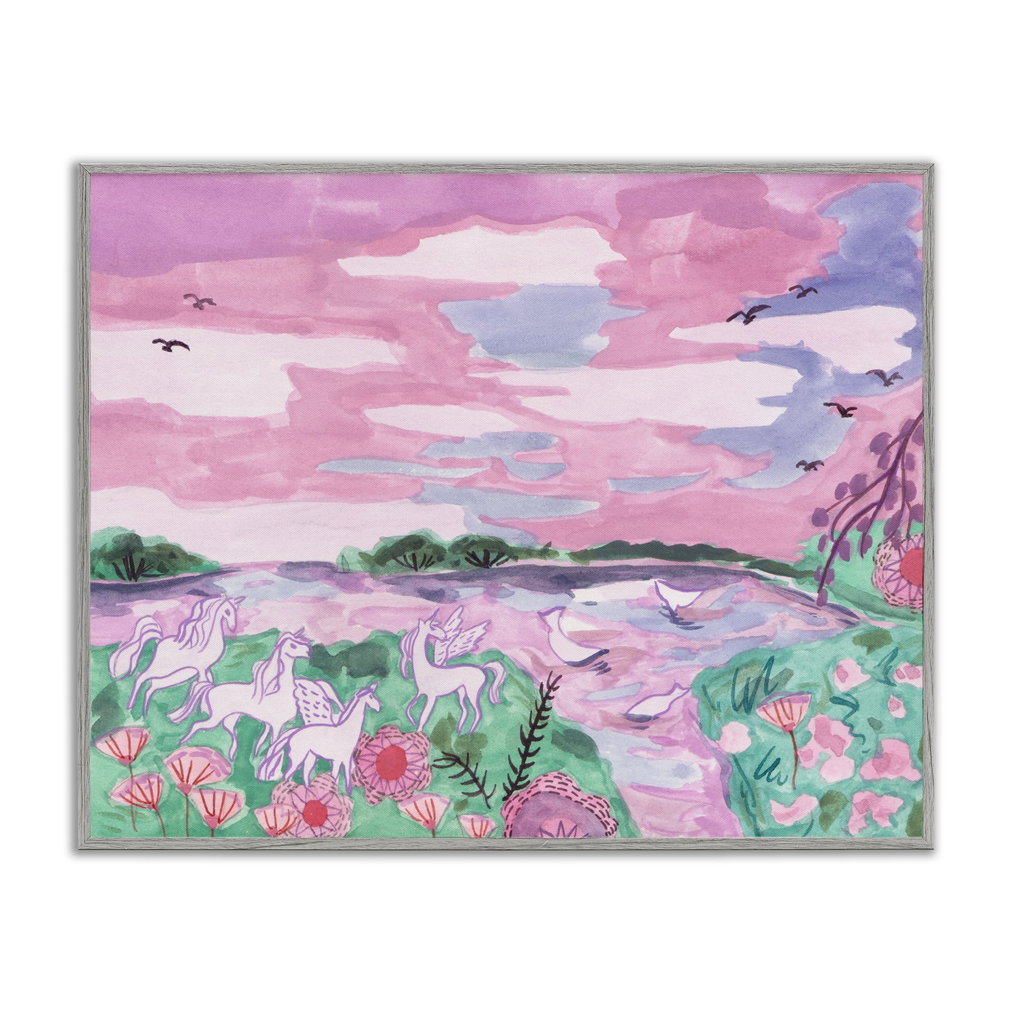 Stupell Industries Pastel Unicorns Landscape Fantasy & Sci-Fi Painting Gray Framed Art Print Wall Art, 30 x 24