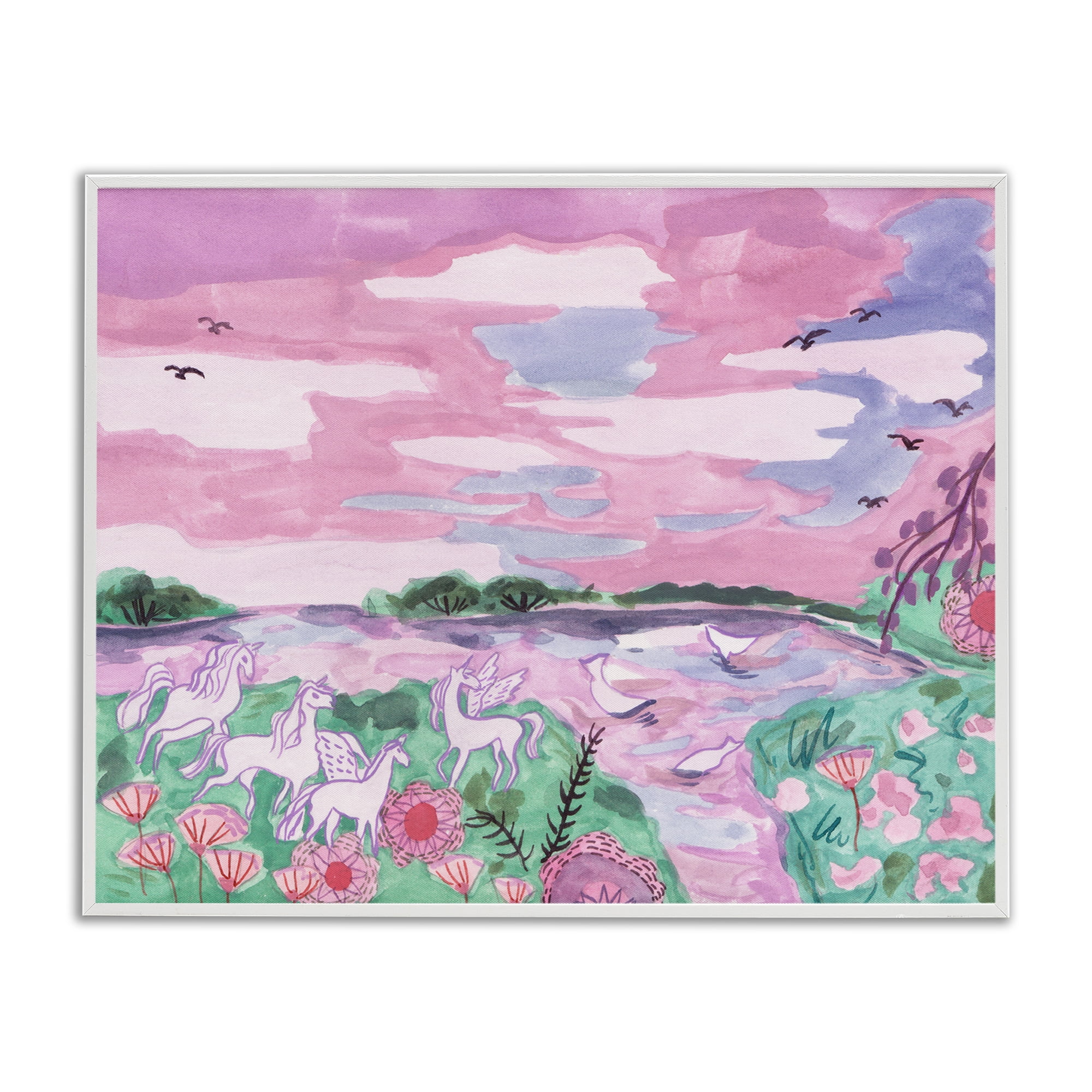 Stupell Industries Pastel Unicorns Landscape Fantasy & Sci-Fi Painting White Framed Art Print Wall Art, 30 x 24