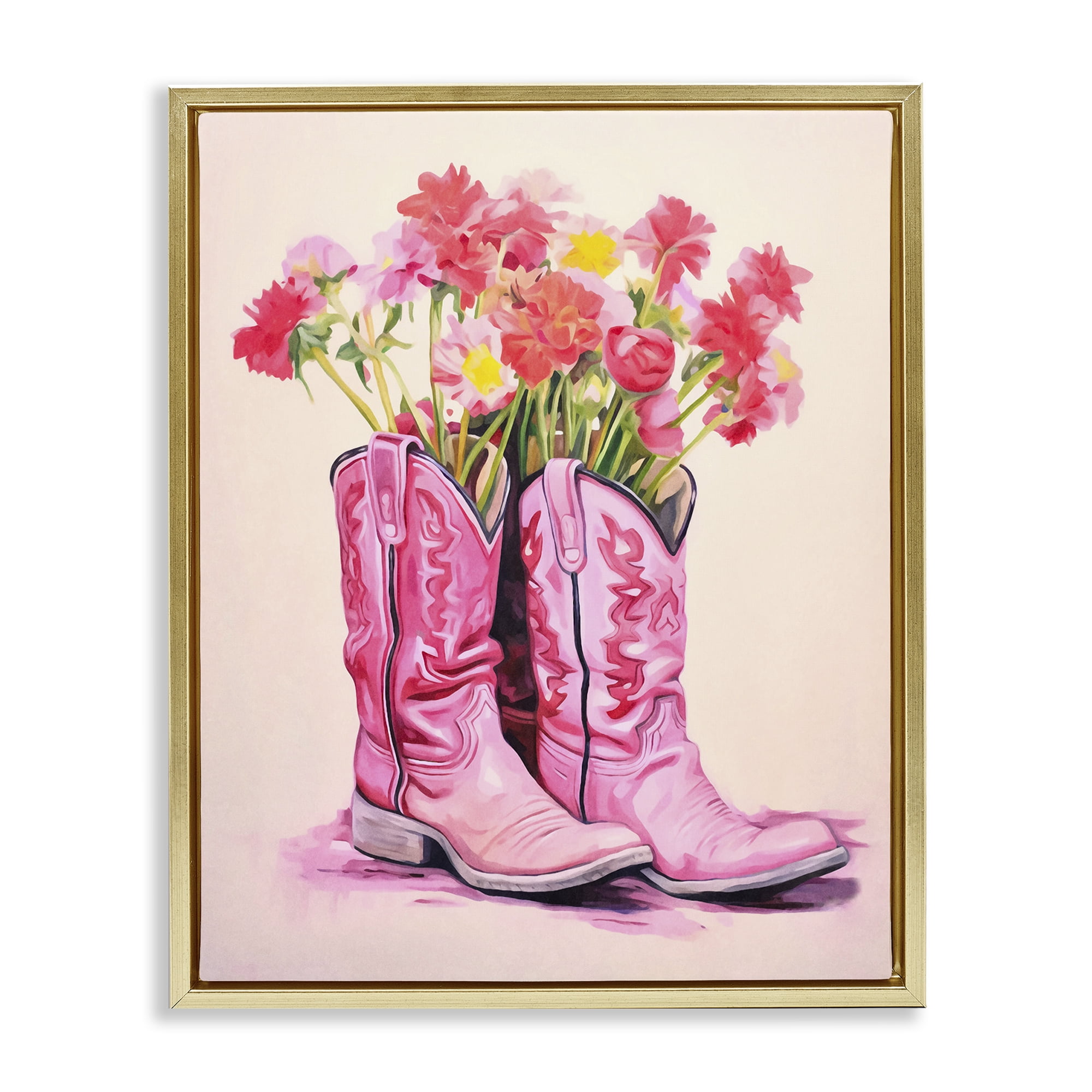 Stupell Industries Pastel Western Whimsy Botanical & Floral Painting Gold Floater Framed Canvas Art Print Wall Art, 17 x 21