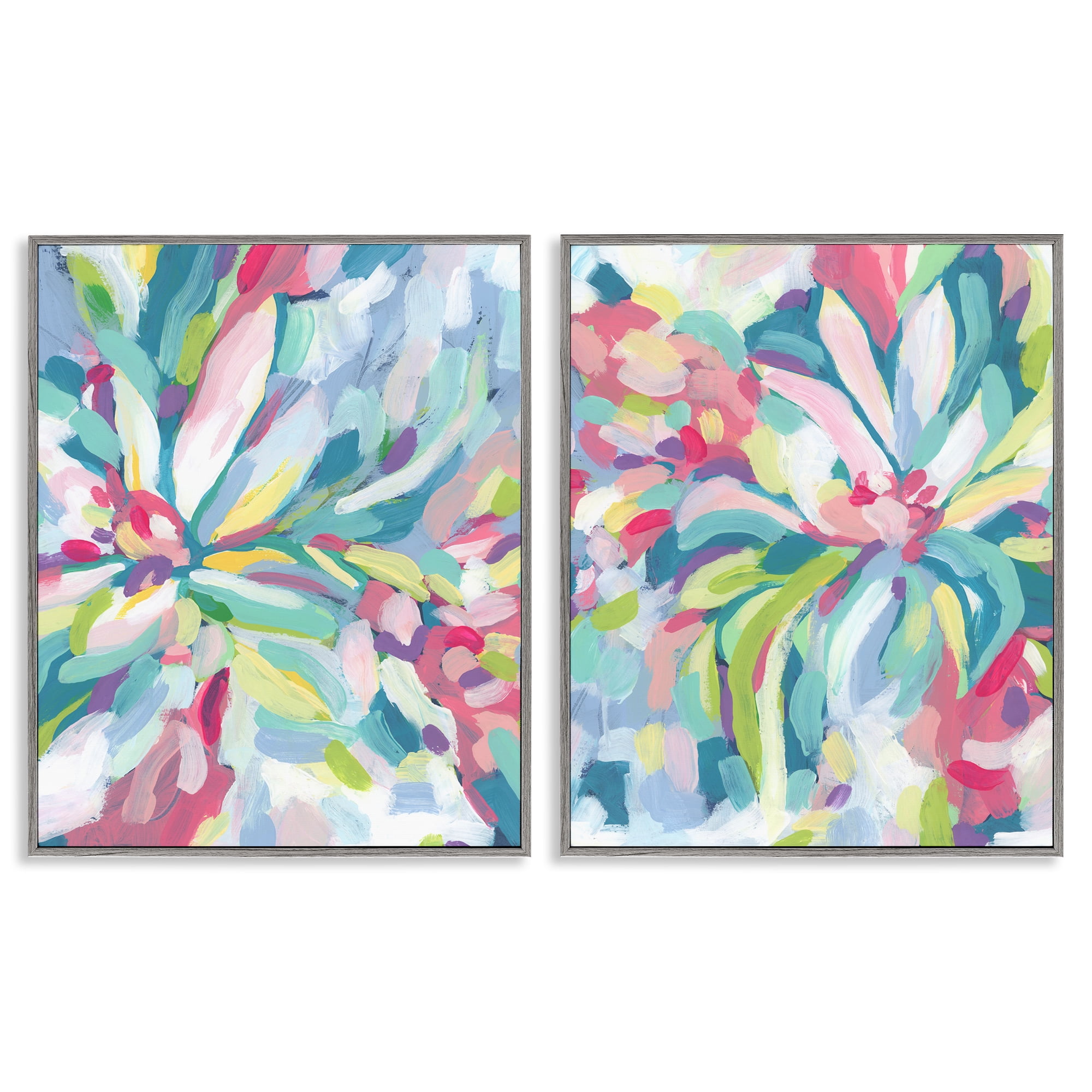Stupell Industries Pastel Whimsy Flower Pattern Abstract Painting Gray Framed Art Print Wall Art, 11 x 14, Set of 2