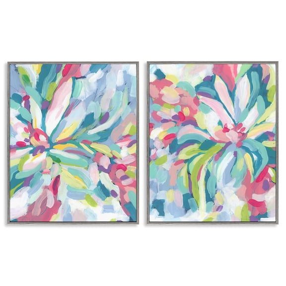 Stupell Industries Pastel Whimsy Flower Pattern Abstract Painting Gray Framed Art Print Wall Art, 16 x 20, Set of 2