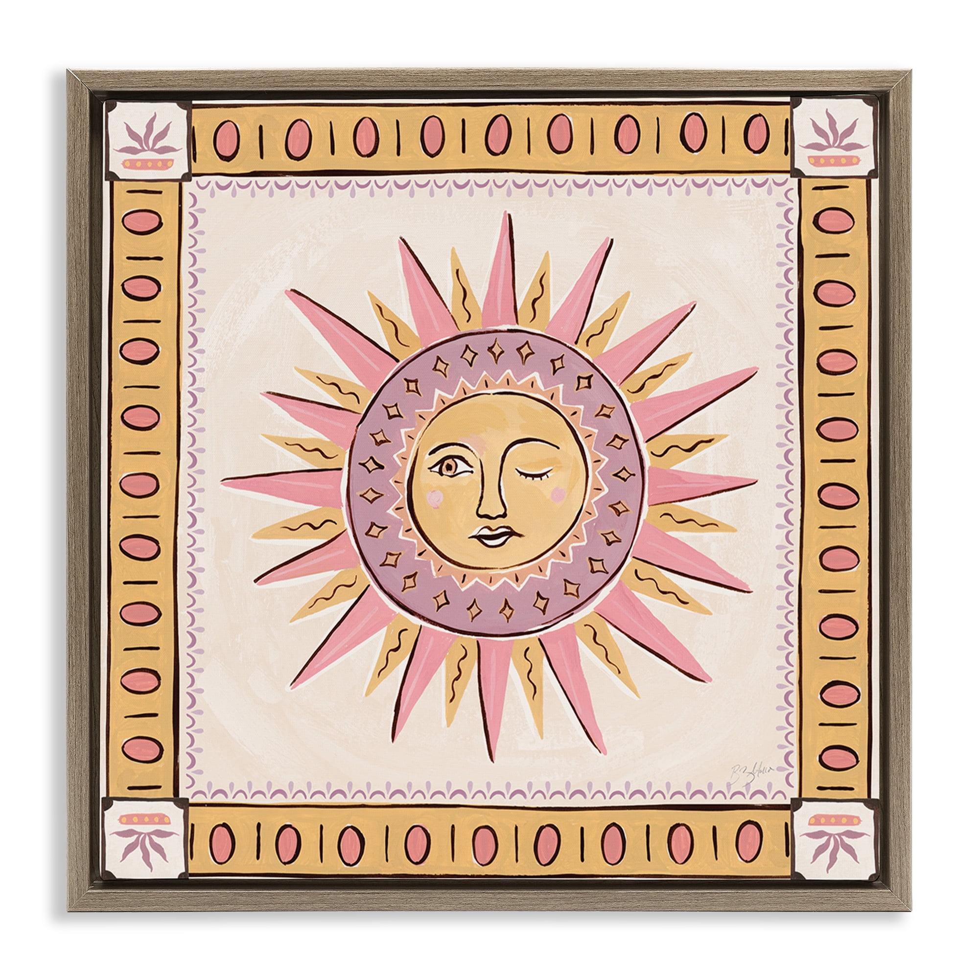 Stupell Industries Pastel Winking Sun with Border Brown Framed Floater Canvas Wall Art, design by Two If By Sea Studios