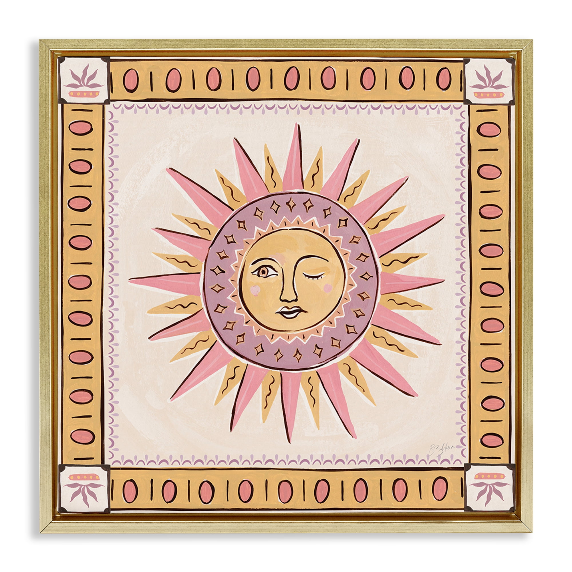 Stupell Industries Pastel Winking Sun with Border Gold Framed Floater Canvas Wall Art, design by Two If By Sea Studios