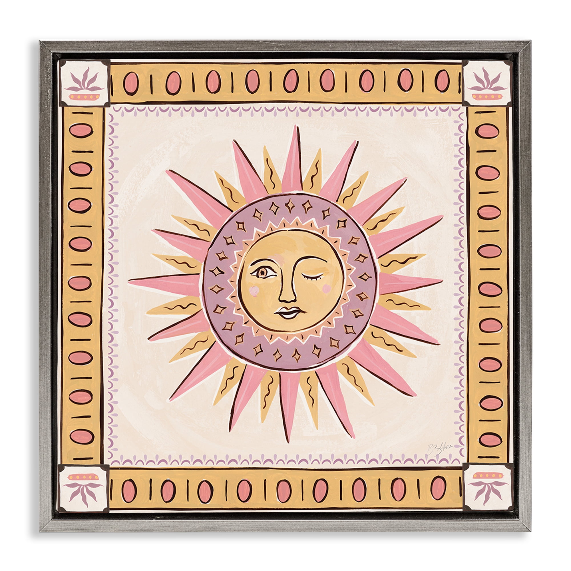 Stupell Industries Pastel Winking Sun with Border Gray Framed Floater Canvas Wall Art, design by Two If By Sea Studios