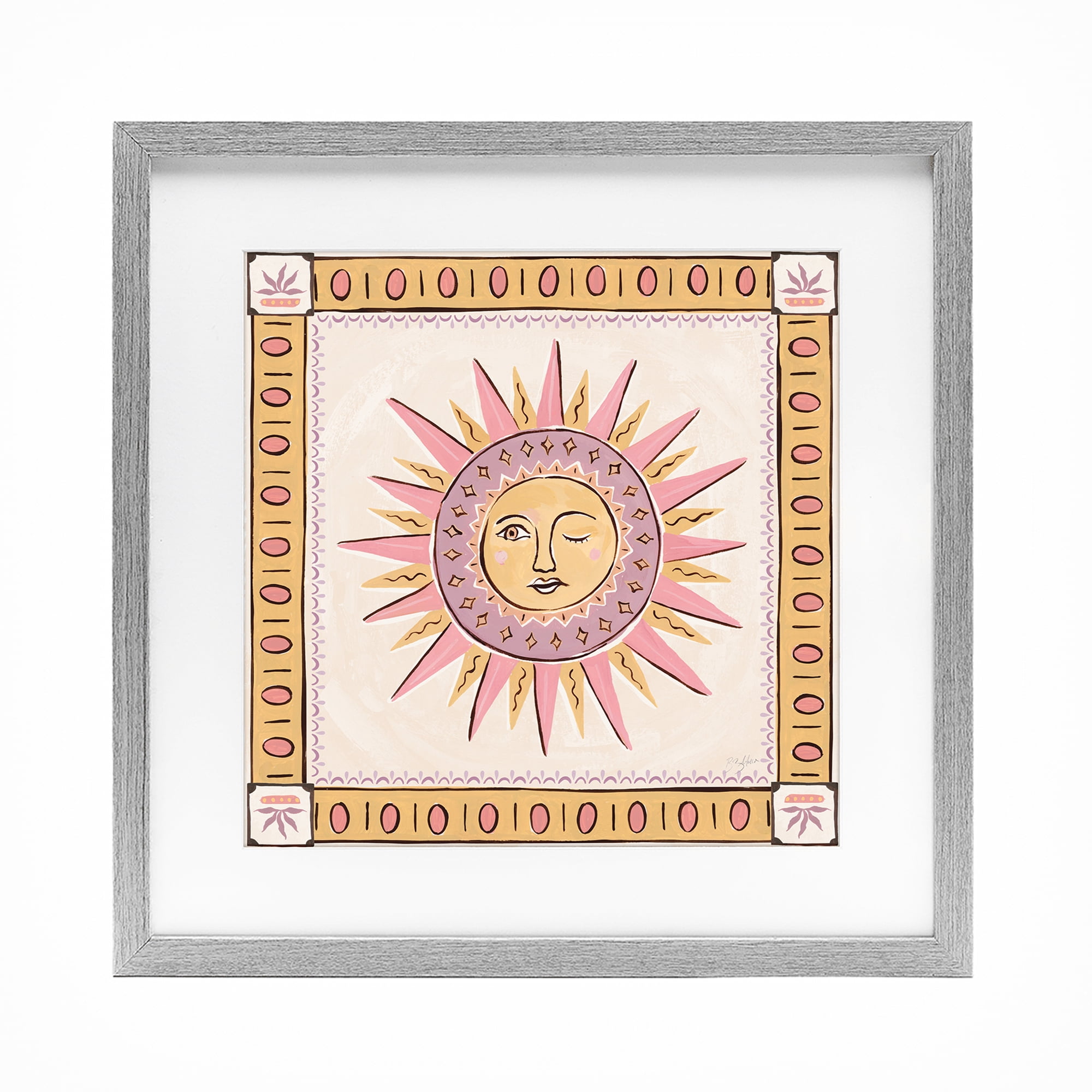 Stupell Industries Pastel Winking Sun with Border Gray Framed Print Under Glass, design by Two If By Sea Studios
