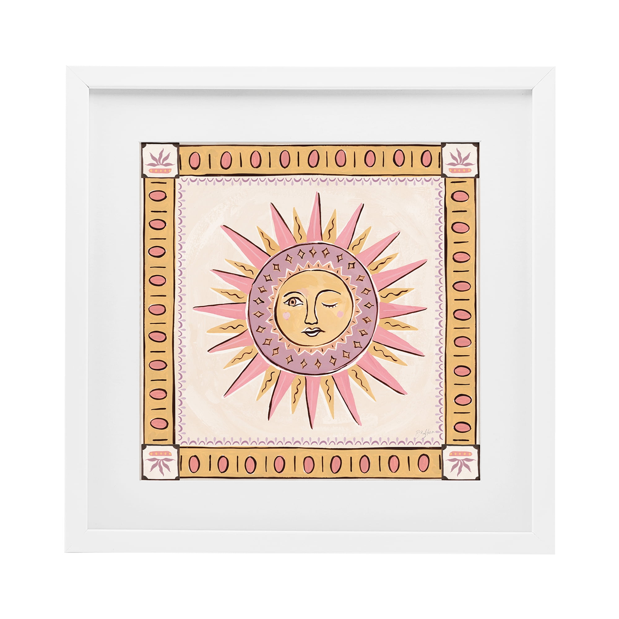 Stupell Industries Pastel Winking Sun with Border White Framed Print Under Glass, design by Two If By Sea Studios