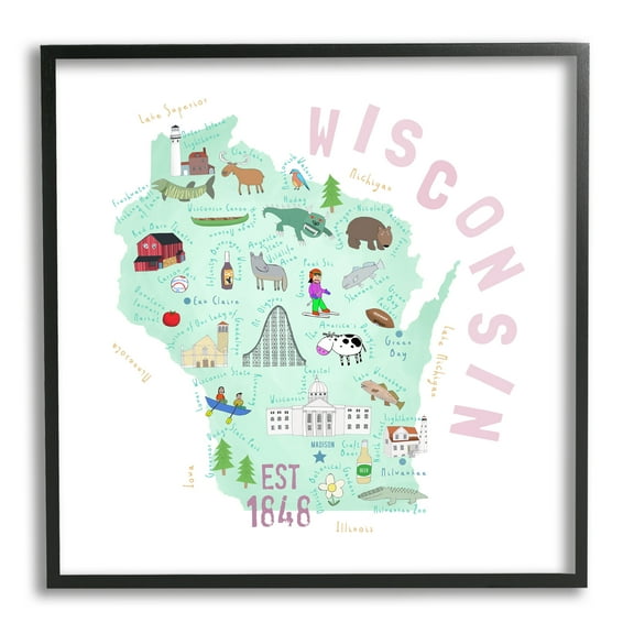 Stupell Industries Pastel Wisconsin Landmark Diagram Travel & Places Painting Black Framed Art Print Wall Art
