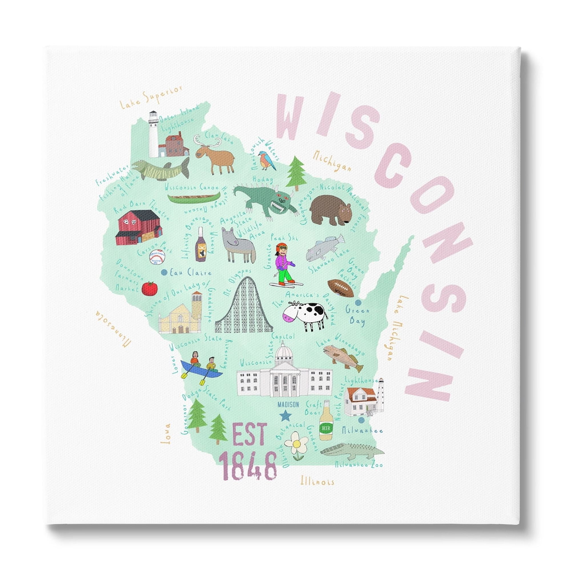 Stupell Industries Pastel Wisconsin Landmark Diagram Travel & Places Painting Gallery Wrapped Canvas Print Wall Art
