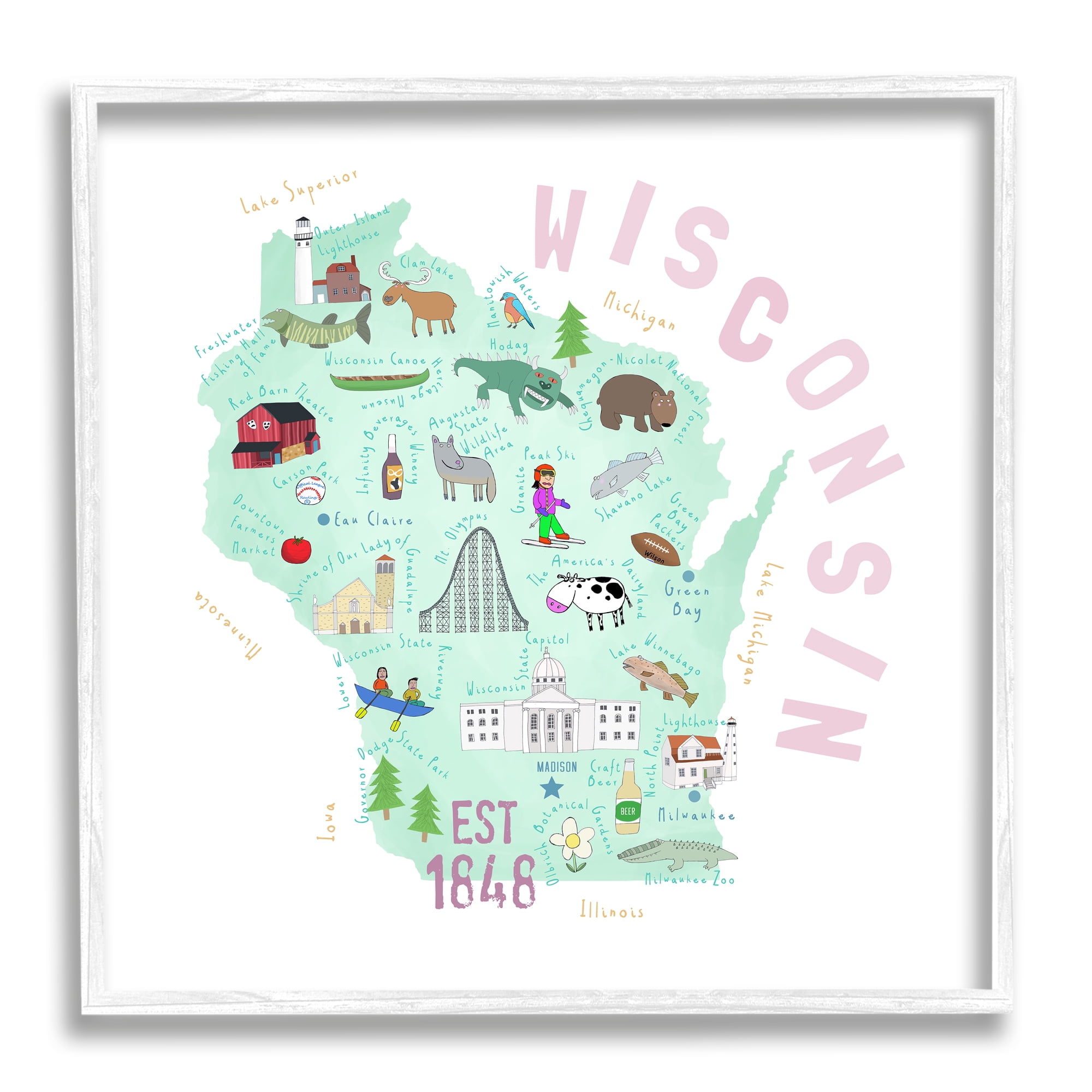 Stupell Industries Pastel Wisconsin Landmark Diagram Travel & Places Painting White Framed Art Print Wall Art