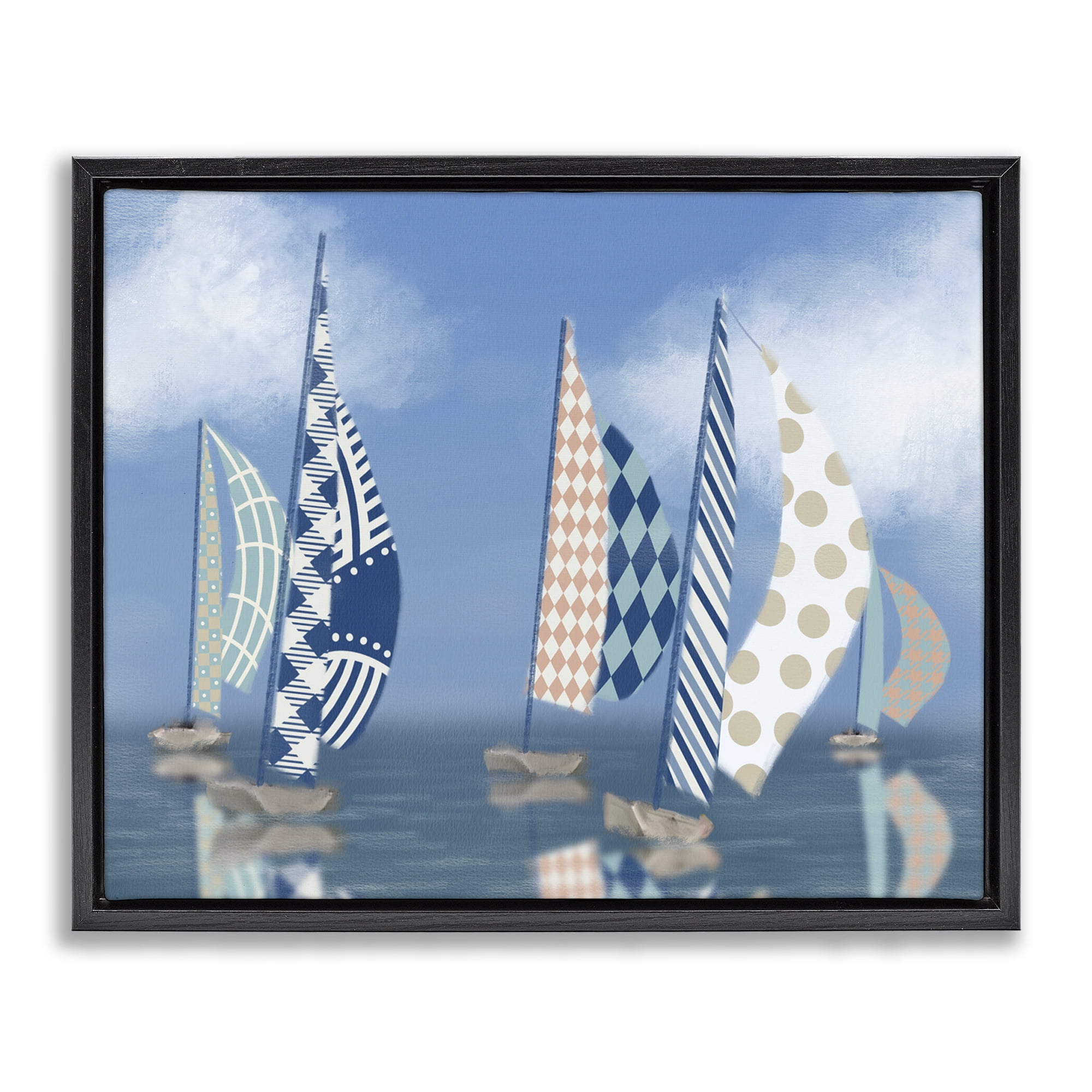 Stupell Industries Patchwork Coastal Sailboats Transportation Painting Black Floater Framed Canvas Art Print Wall Art, 21 x 17