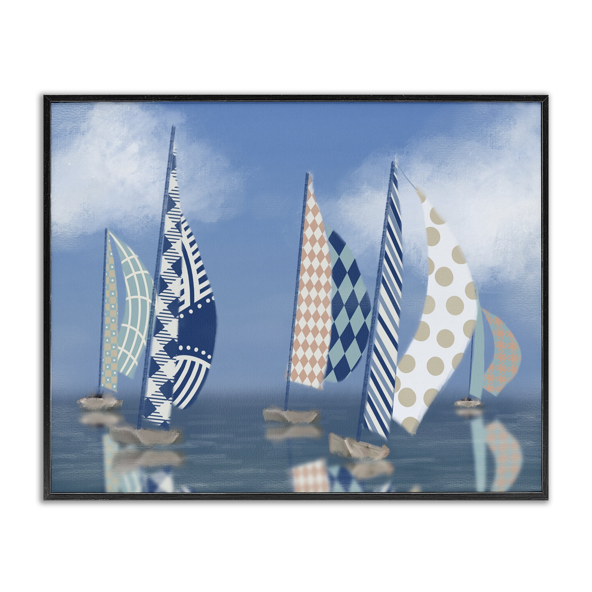 Stupell Industries Patchwork Coastal Sailboats Transportation Painting Black Framed Art Print Wall Art, 30 x 24