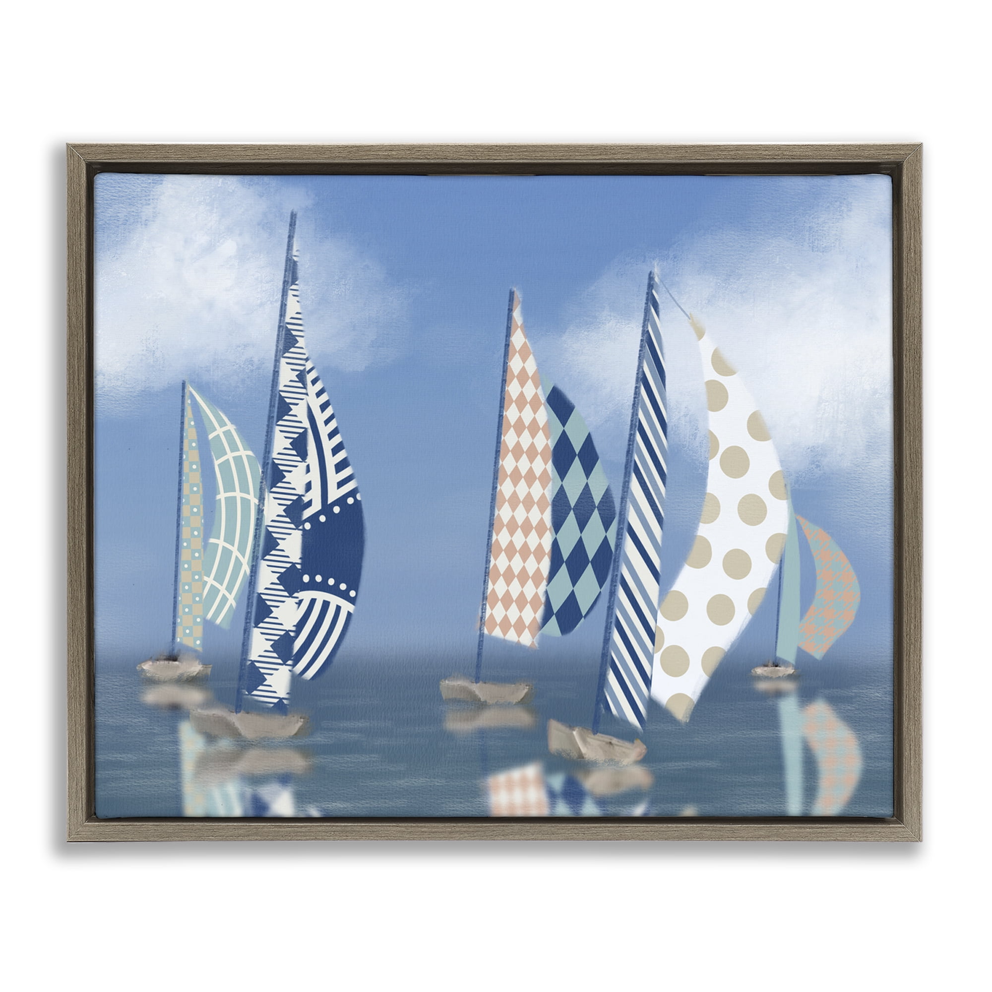 Stupell Industries Patchwork Coastal Sailboats Transportation Painting Brown Floater Framed Canvas Art Print Wall Art, 21 x 17