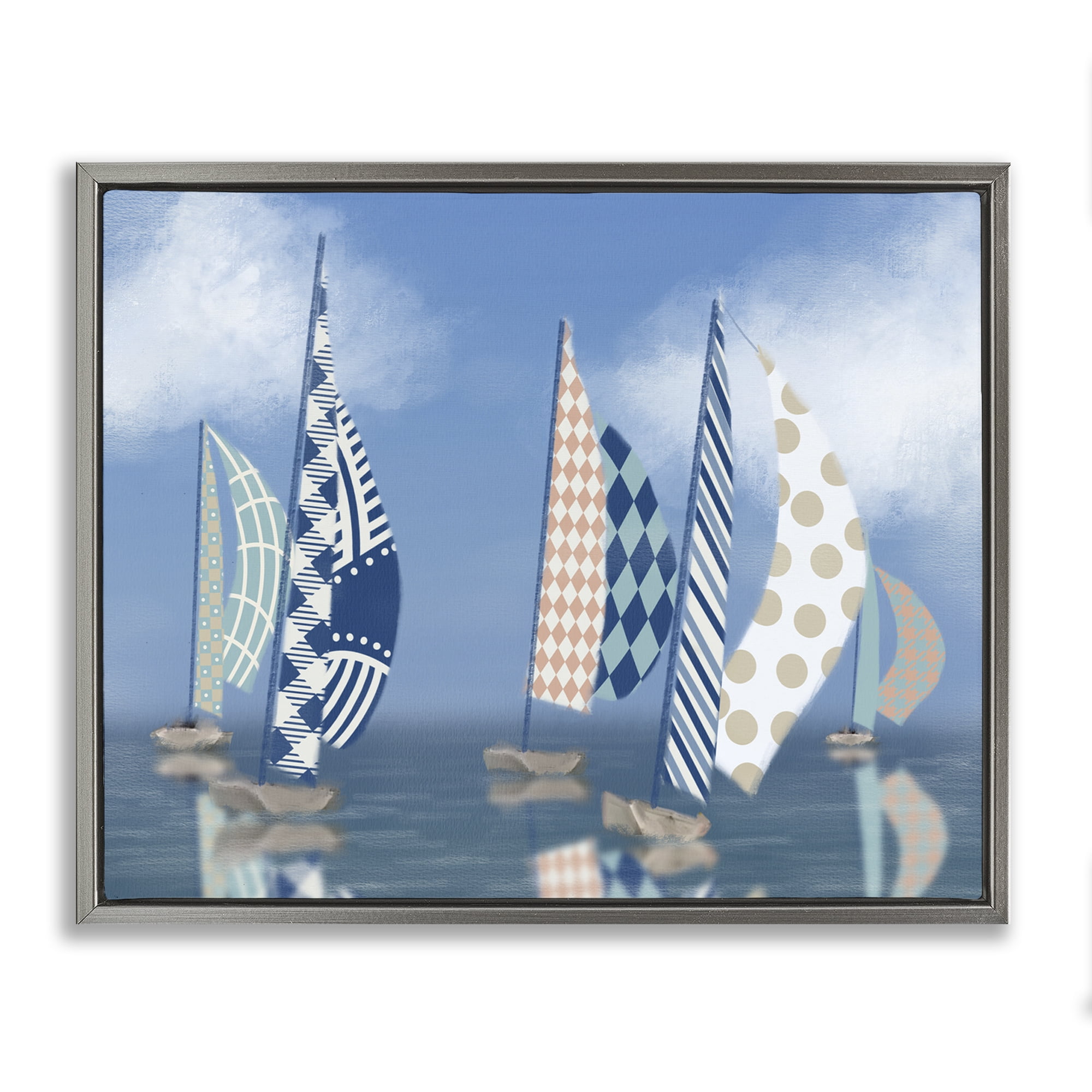 Stupell Industries Patchwork Coastal Sailboats Transportation Painting Gray Floater Framed Canvas Art Print Wall Art, 21 x 17