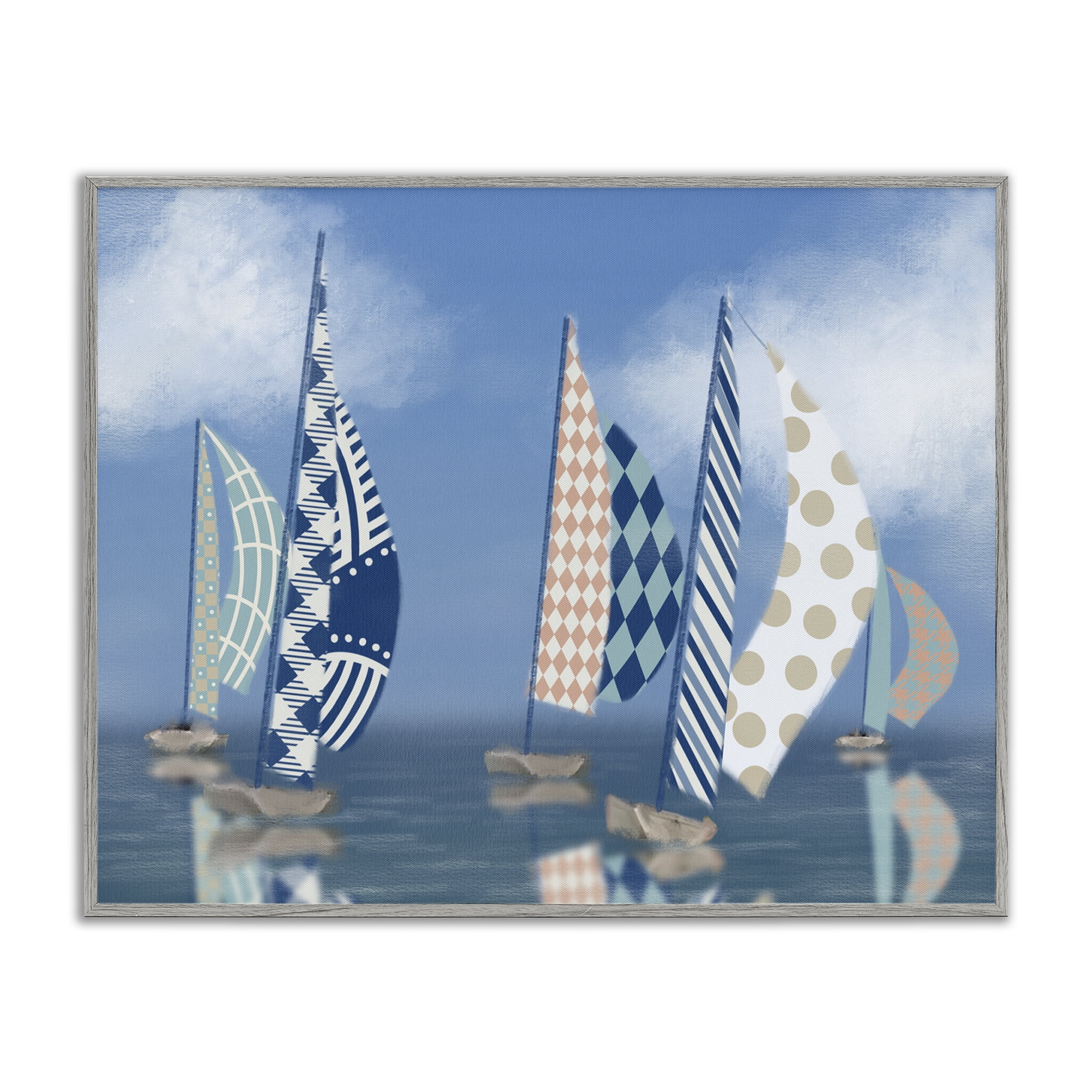 Stupell Industries Patchwork Coastal Sailboats Transportation Painting Gray Framed Art Print Wall Art, 14 x 11