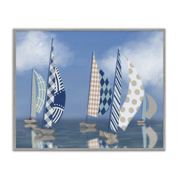 Stupell Industries Patchwork Coastal Sailboats Transportation Painting Gray Framed Art Print Wall Art, 14 x 11