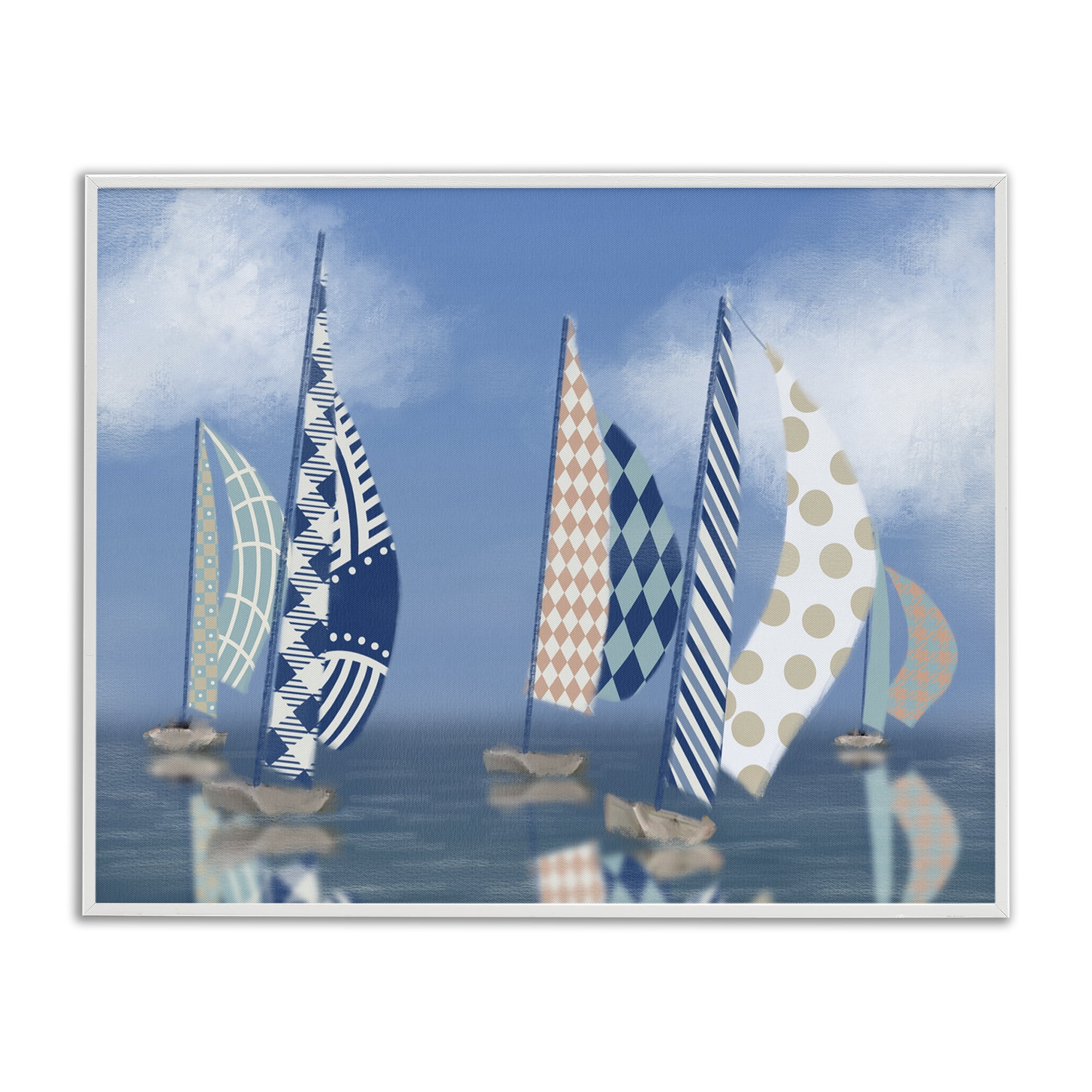Stupell Industries Patchwork Coastal Sailboats Transportation Painting White Framed Art Print Wall Art, 30 x 24