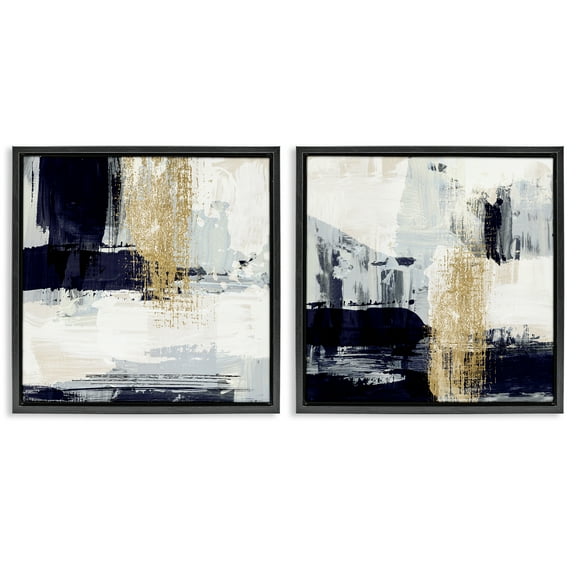 Stupell Industries Patchy Navy Gold Abstract Abstract Painting Black Floater Framed Canvas Art Print Wall Art, 18 x 18, Set of 2