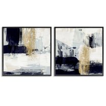 Stupell Industries Patchy Navy Gold Abstract Abstract Painting Black Framed Art Print Wall Art, 12 x 12, Set of 2