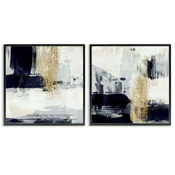 Stupell Industries Patchy Navy Gold Abstract Abstract Painting Black Framed Art Print Wall Art, 12 x 12, Set of 2