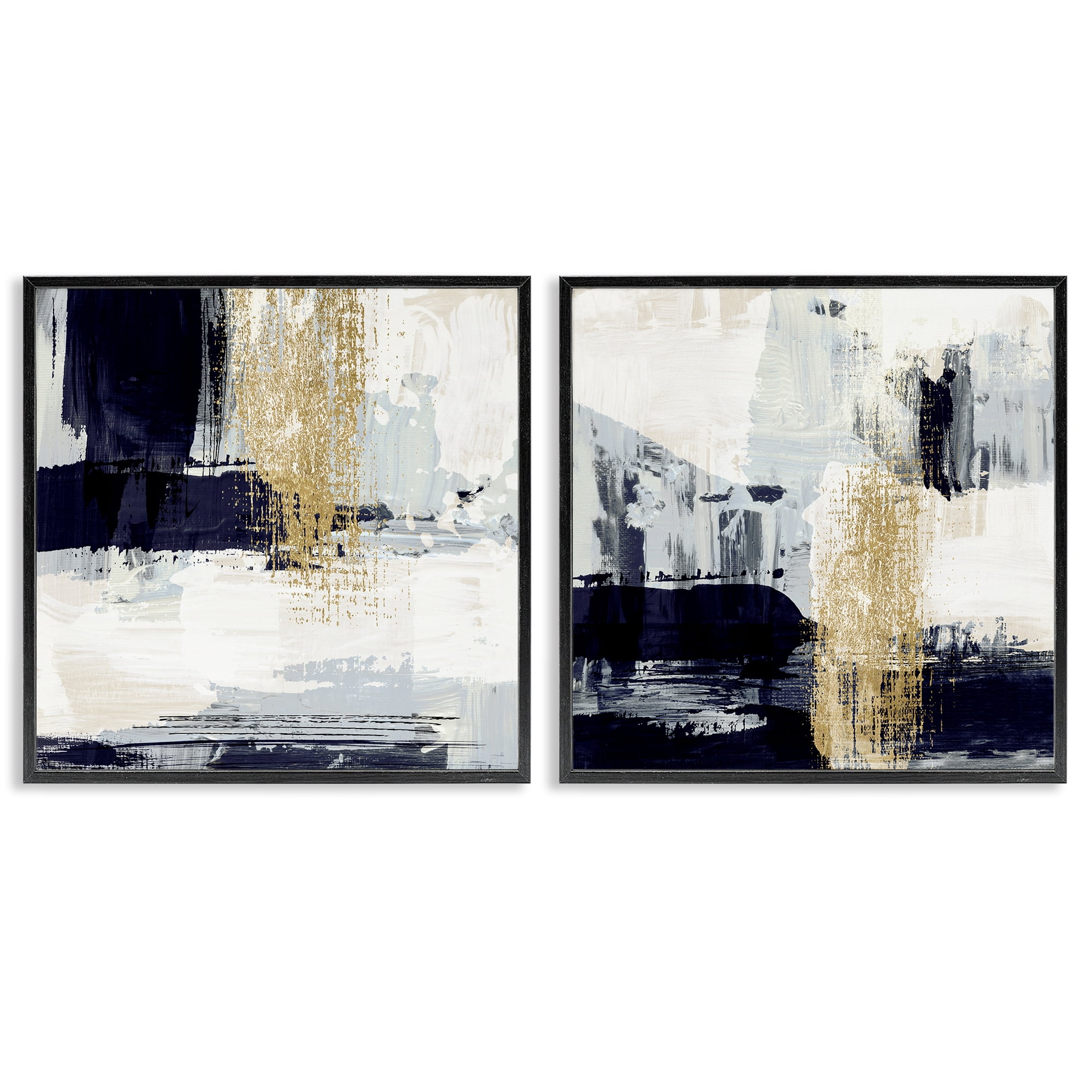 Stupell Industries Patchy Navy Gold Abstract Abstract Painting Black Framed Art Print Wall Art, 24 x 24, Set of 2